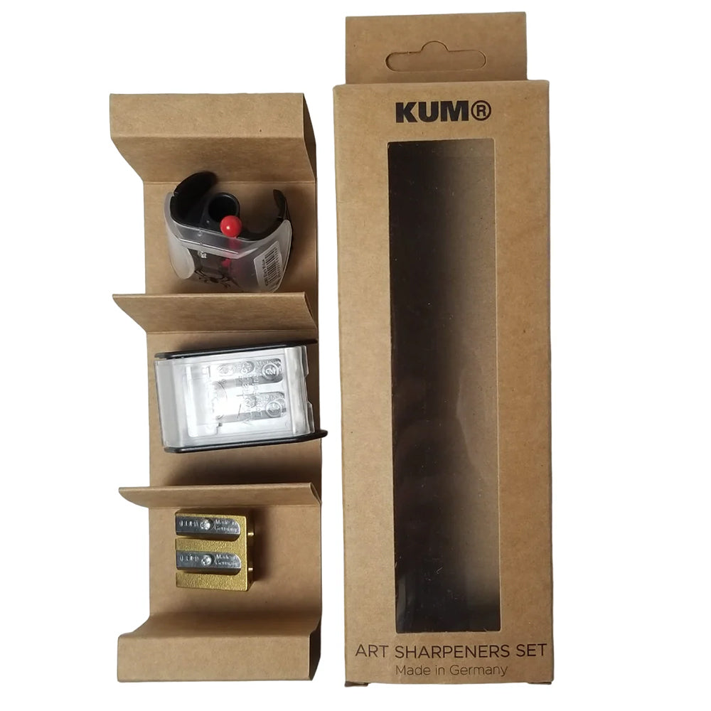 KUM art sharpeners set in a cardboard packaging on a white background