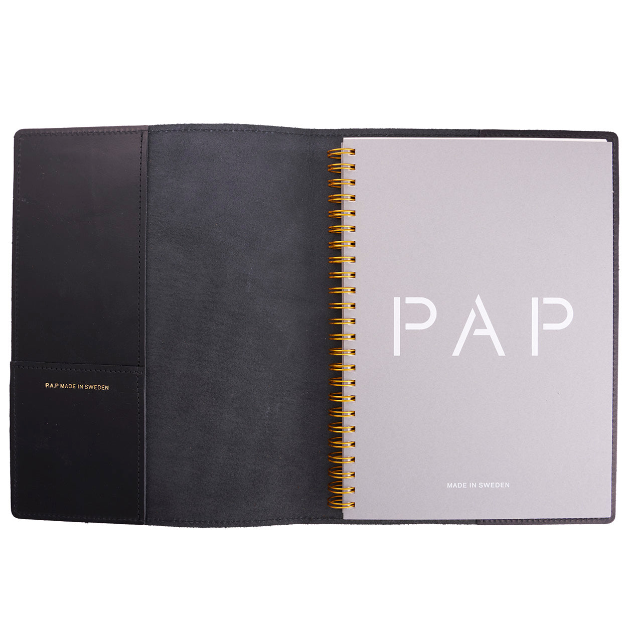 PAP Albin Italian Leather Notebook Cover A5 - Black - Made in Sweden open
