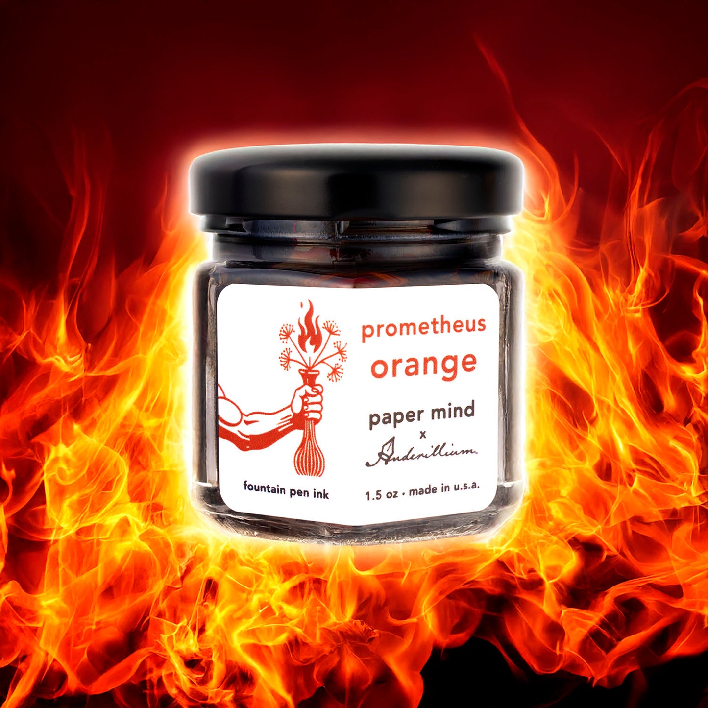 The Paper Mind x Anderillium Fountain Pen Ink 1.5 oz Bottle - Prometheus Orange flames