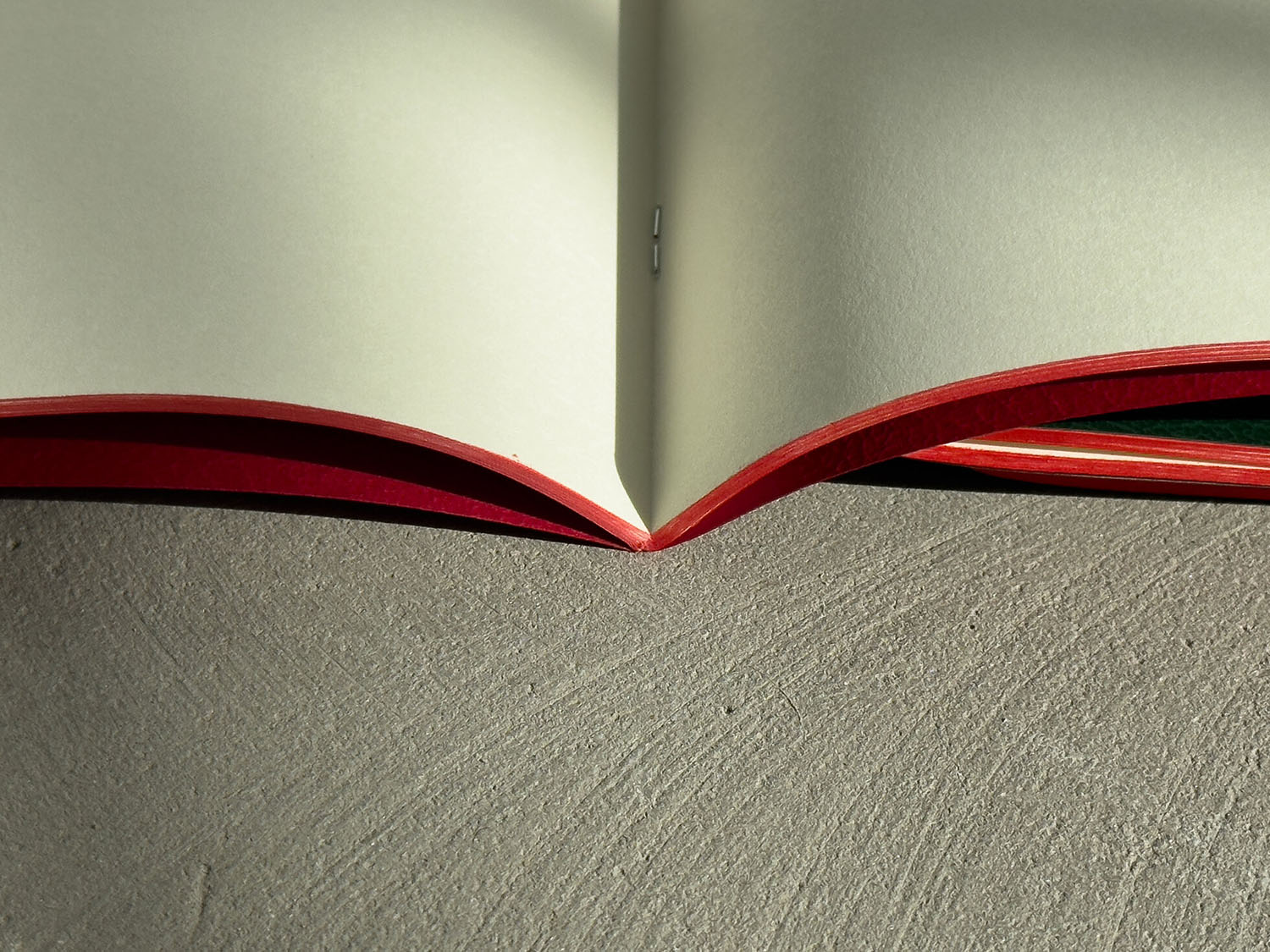 Bieffe Notebook - Small - Green - Made In Italy Open 
Open book with red edges on a textured gray surface