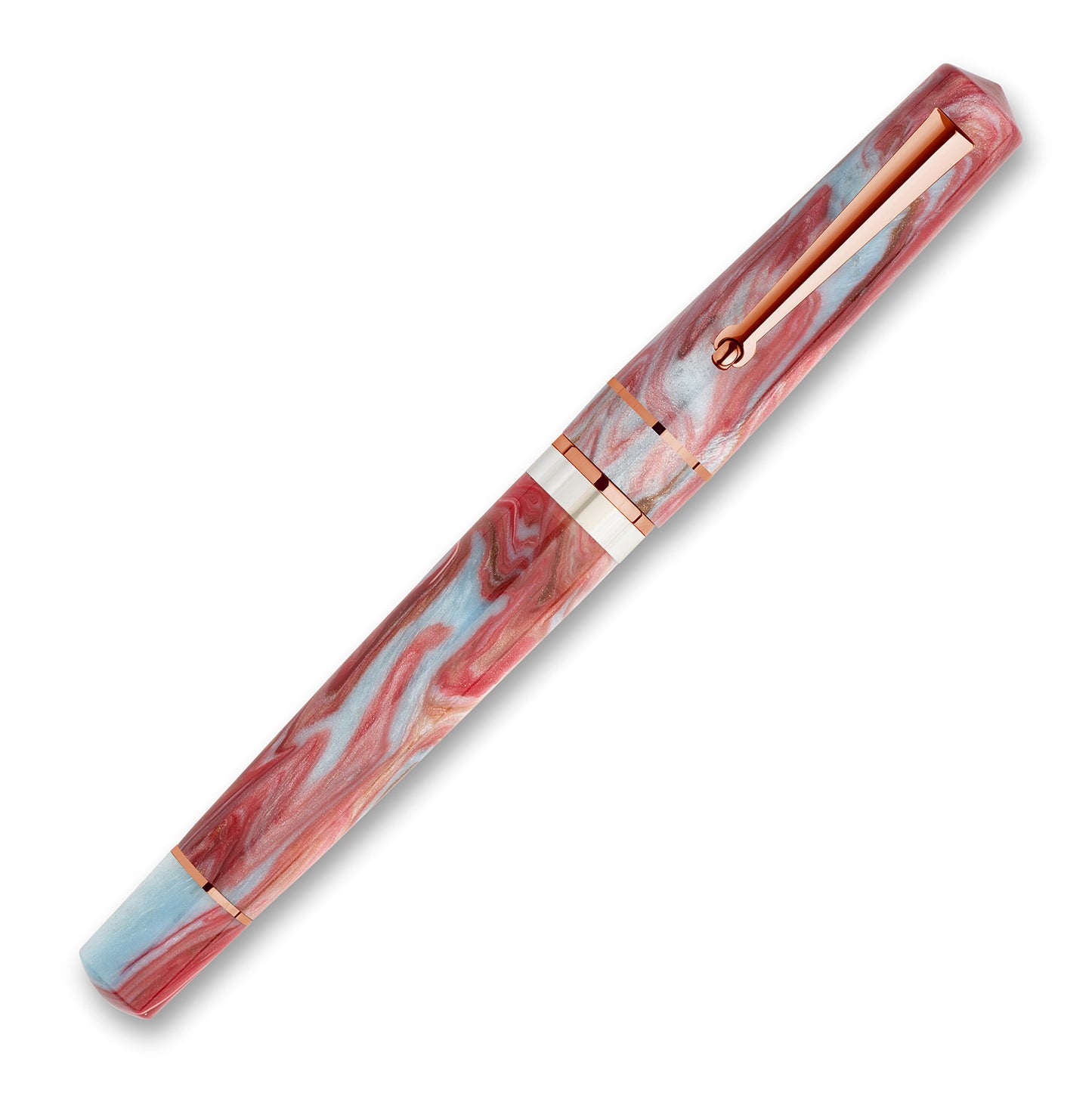 Marble-patterned pen with rose gold accents on a white background Delta Duna Ghibli Red Fountain Pen made in Italy