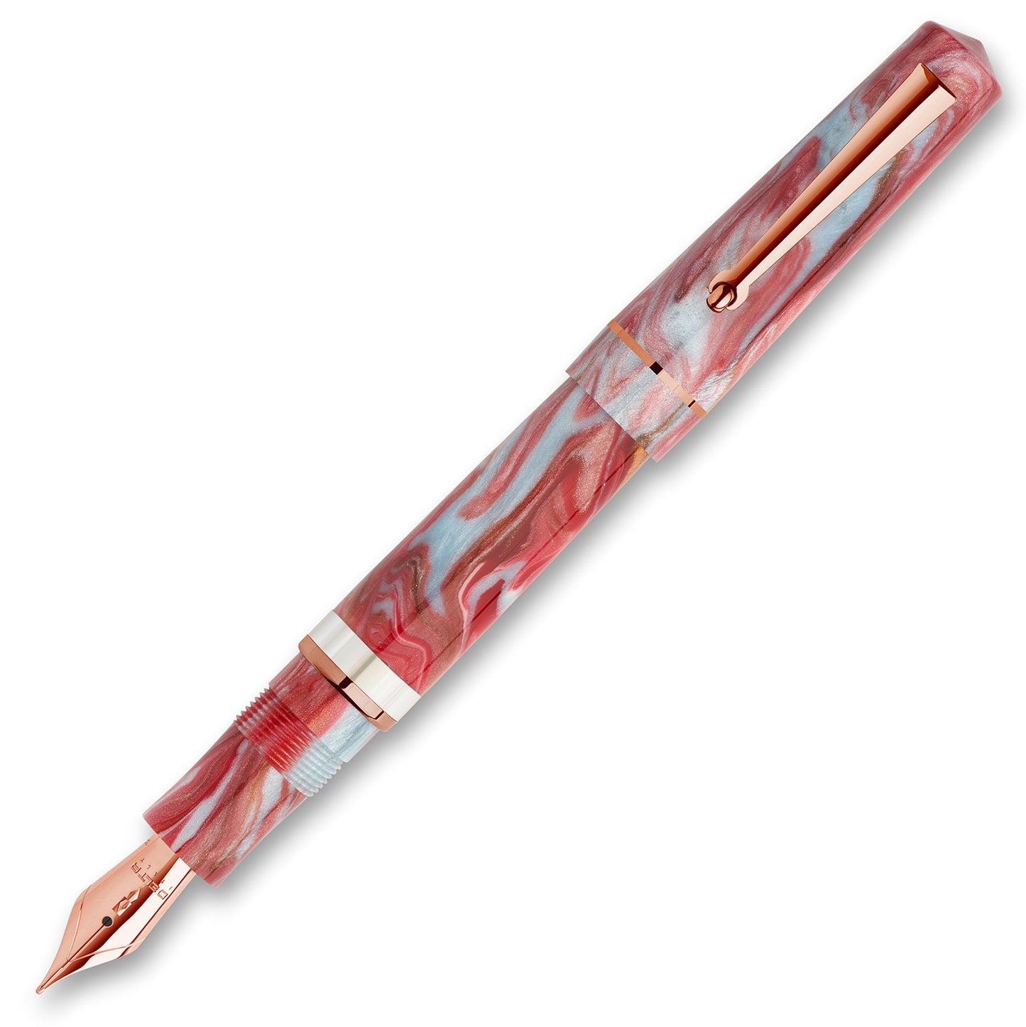 Marbled pink and white fountain pen with rose gold accents on a white background Delta Duna Ghibli Red Fountain Pen Posted made in Italy