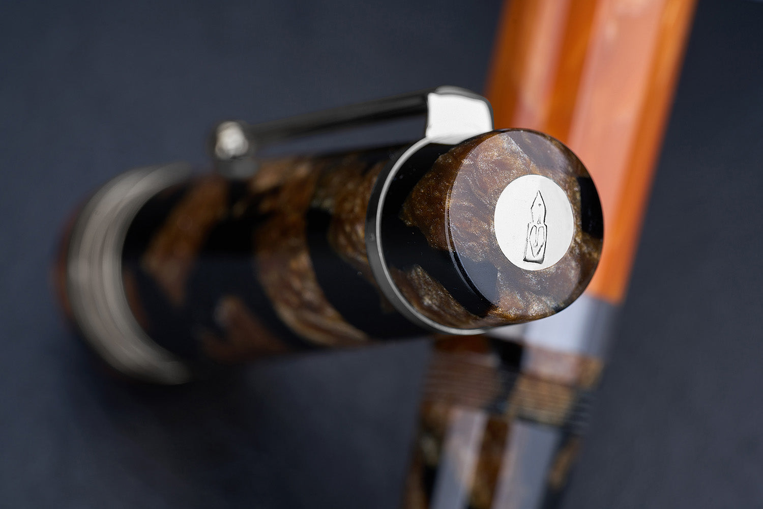 Delta Sforza Celluloid Fountain Pen - 14kt Nib - Palladium Trim - Limited Edition- Made in Italy finial detail