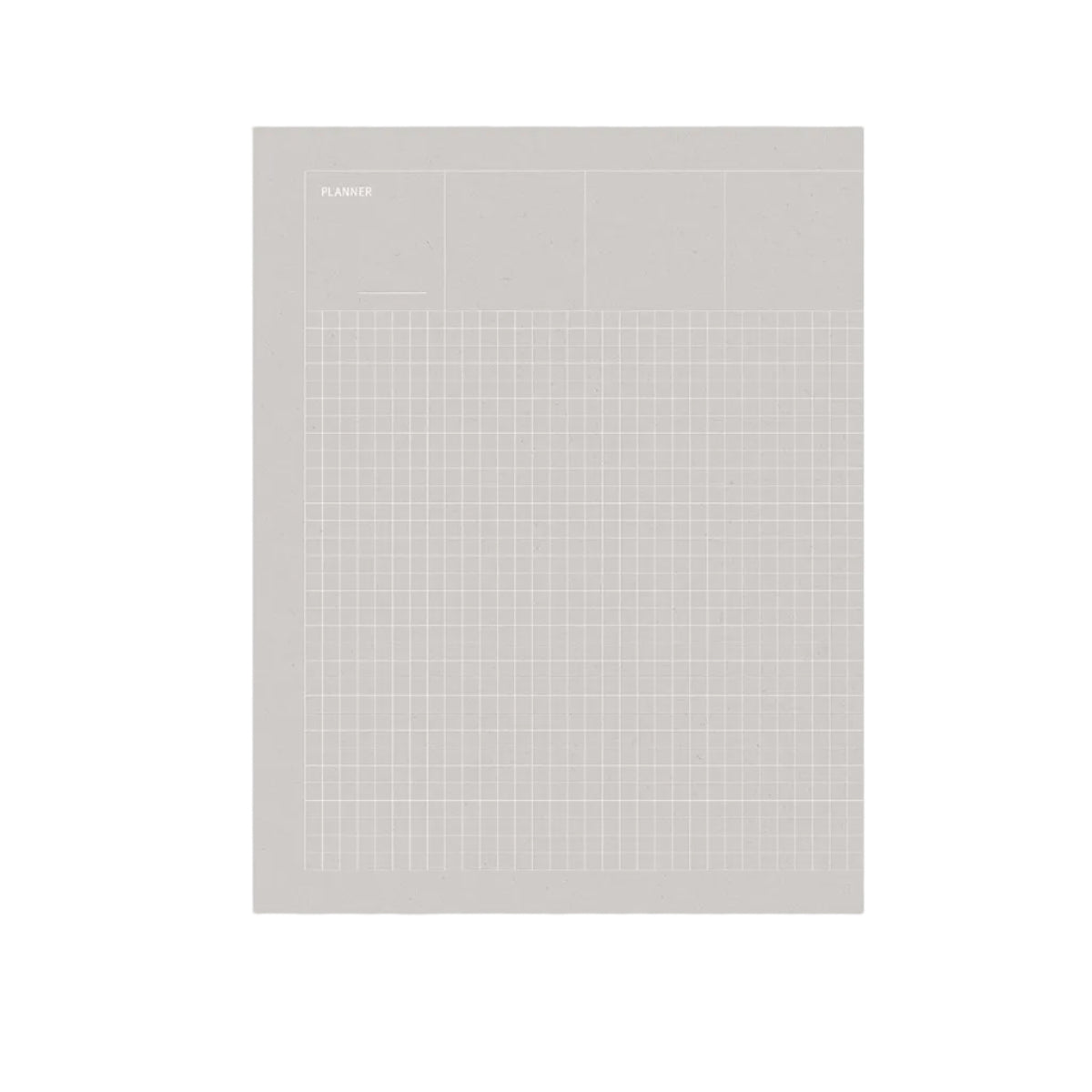 A minimalist gray planner pad with a fine grid pattern and a small 'PLANNER' label in the top left, shown standing upright on a light gray background. Grid Undated Planner - Fountain Pen Friendly Planner - Warm Grey