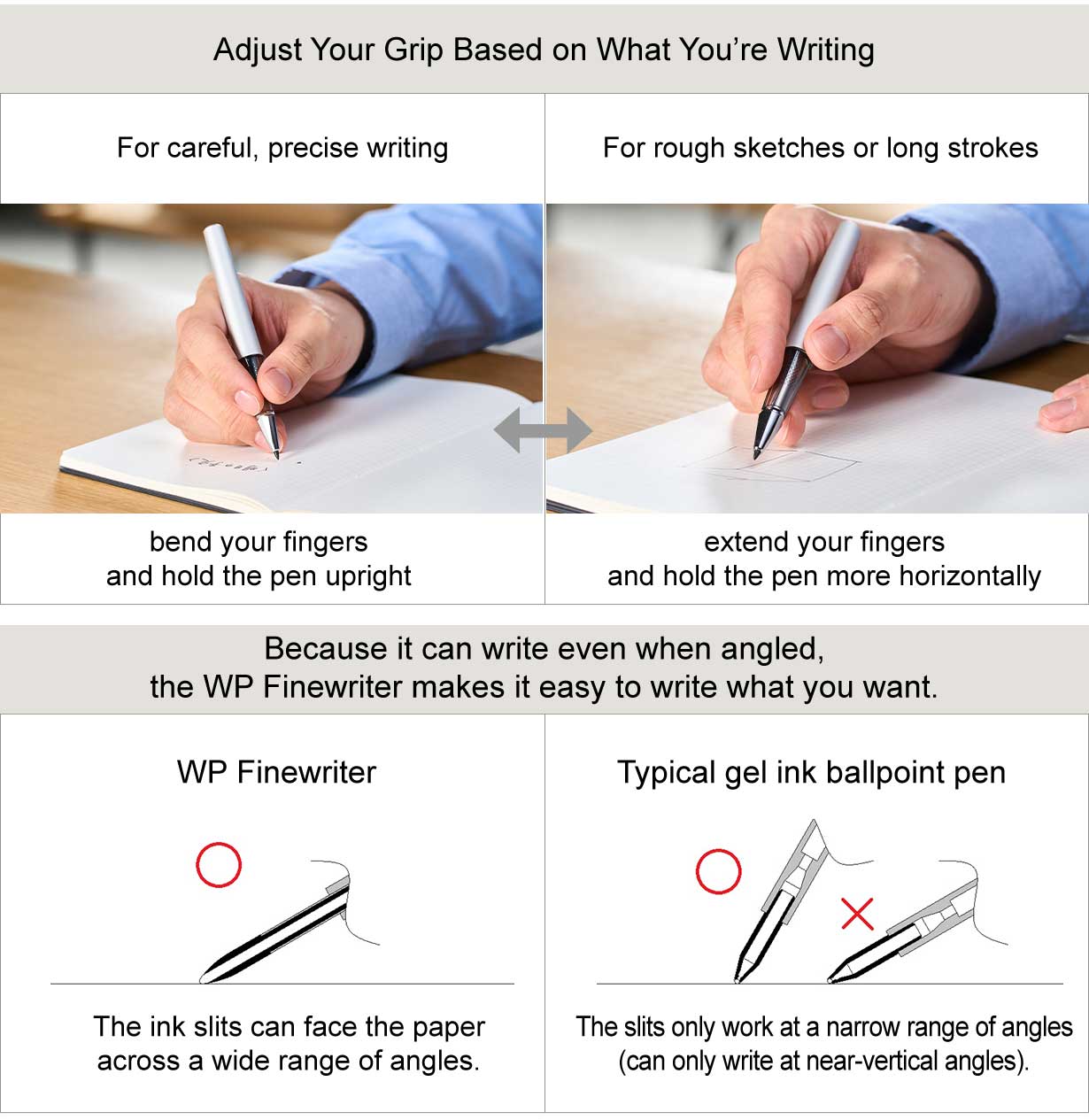 Kokuyo WP Finewriter Pen - Silver - Made in Japan angle
