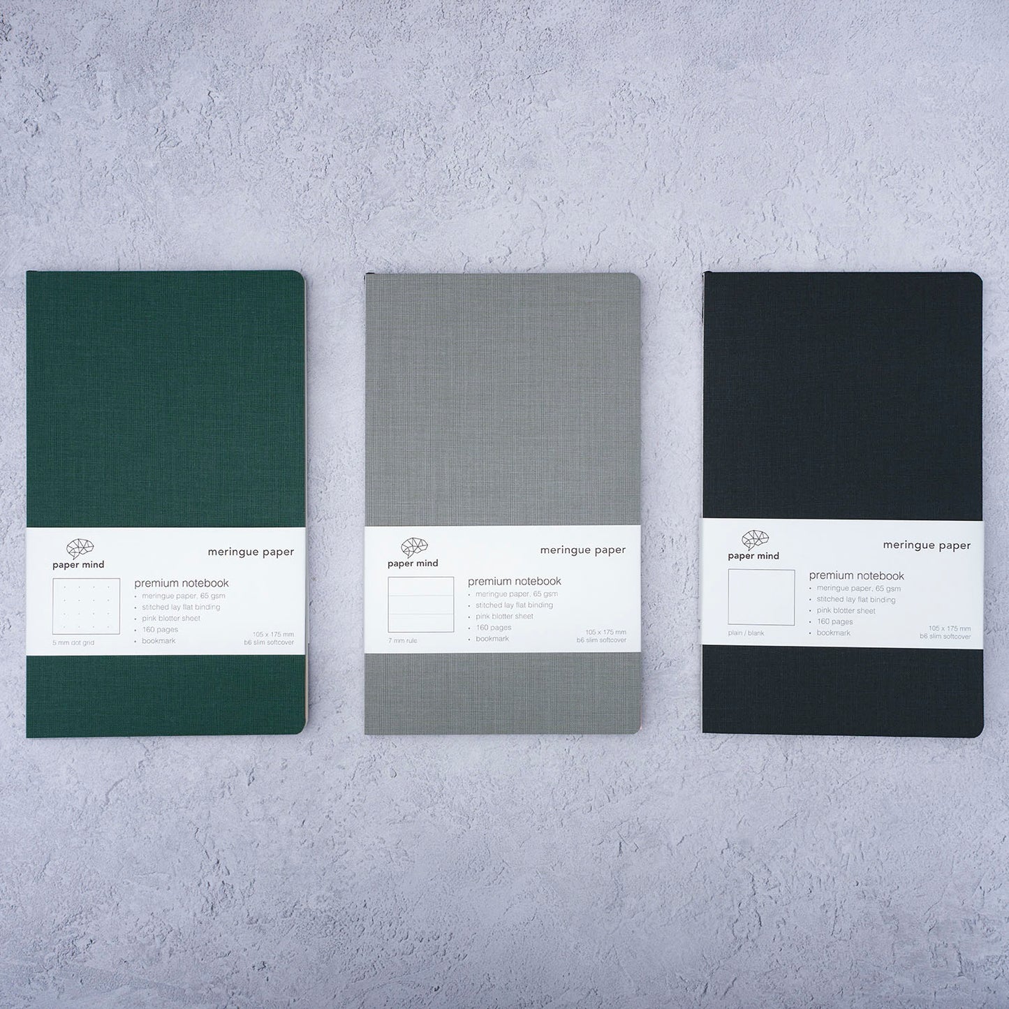 The Paper Mind Meringue Paper Notebook B6 Slim,  Notebook for Fountain Pens, Three pages styles blank, ruled, and dot grid