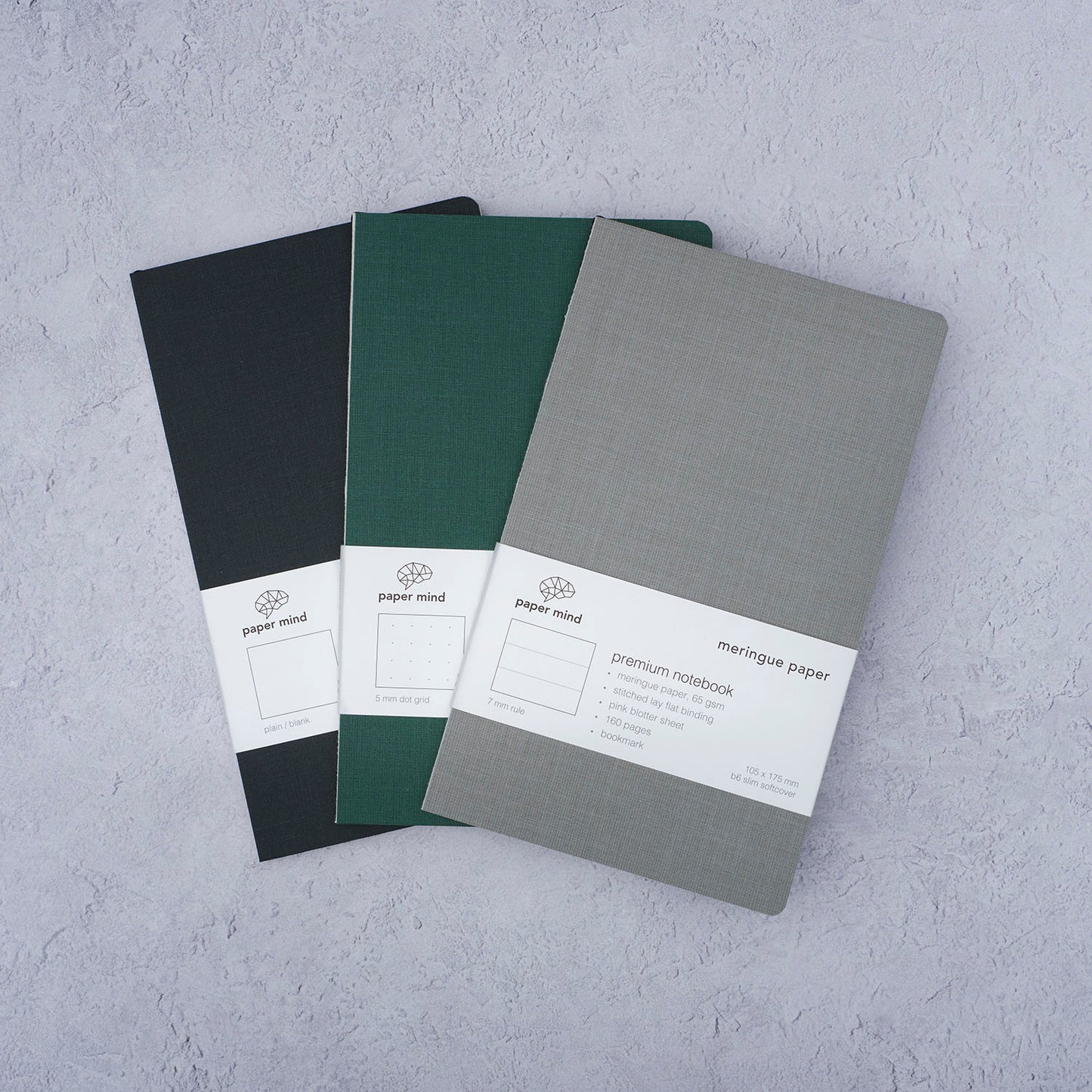 The Paper Mind Meringue Paper Notebook B6 Slim,  Notebook for Fountain Pens, Three pages styles blank, ruled, and dot grid fan