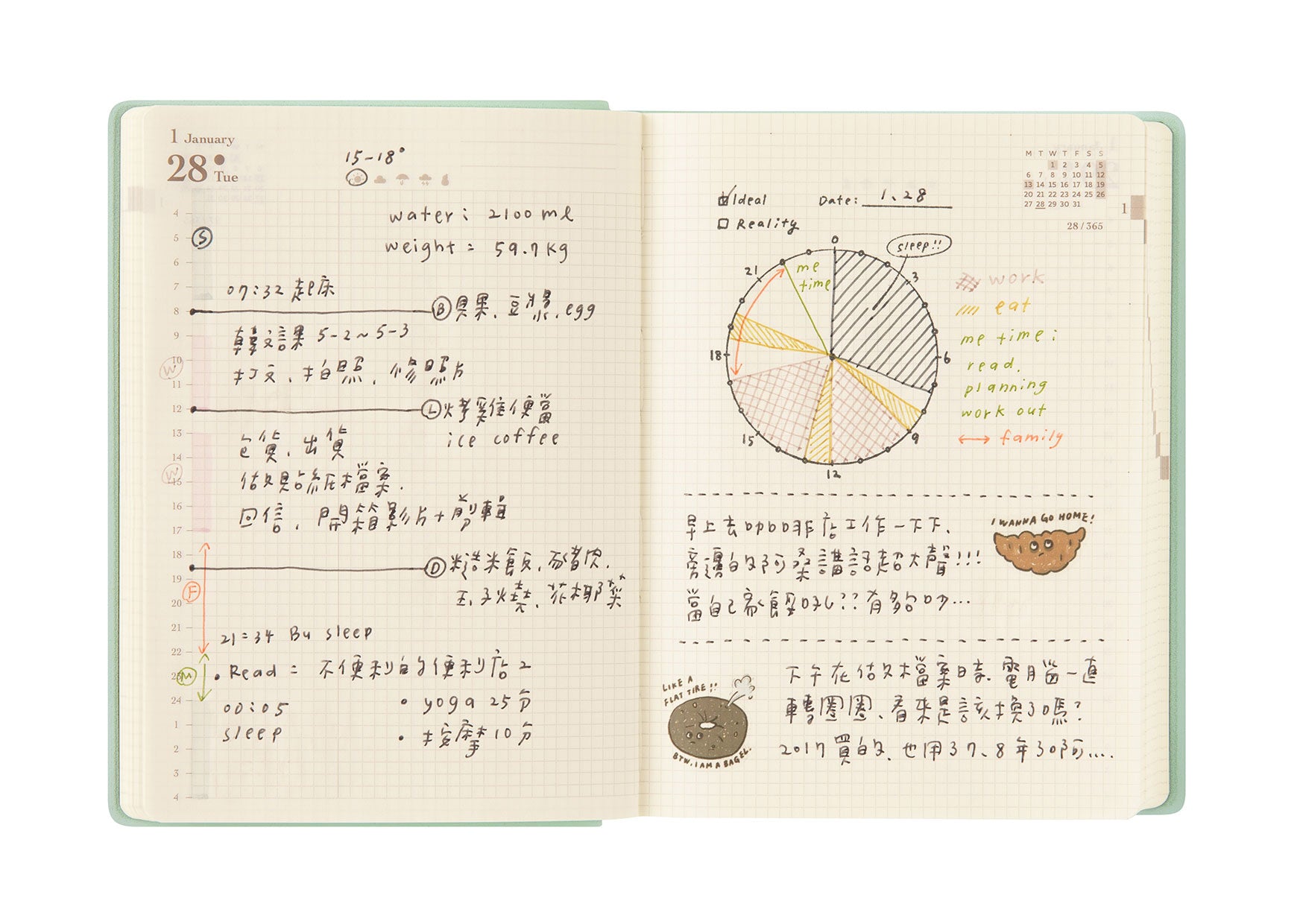 Midori Hibino Diary 2026 2-Page-Per-Day Calendar - A6 - Blue Green Tomoe River - Made in Japan example