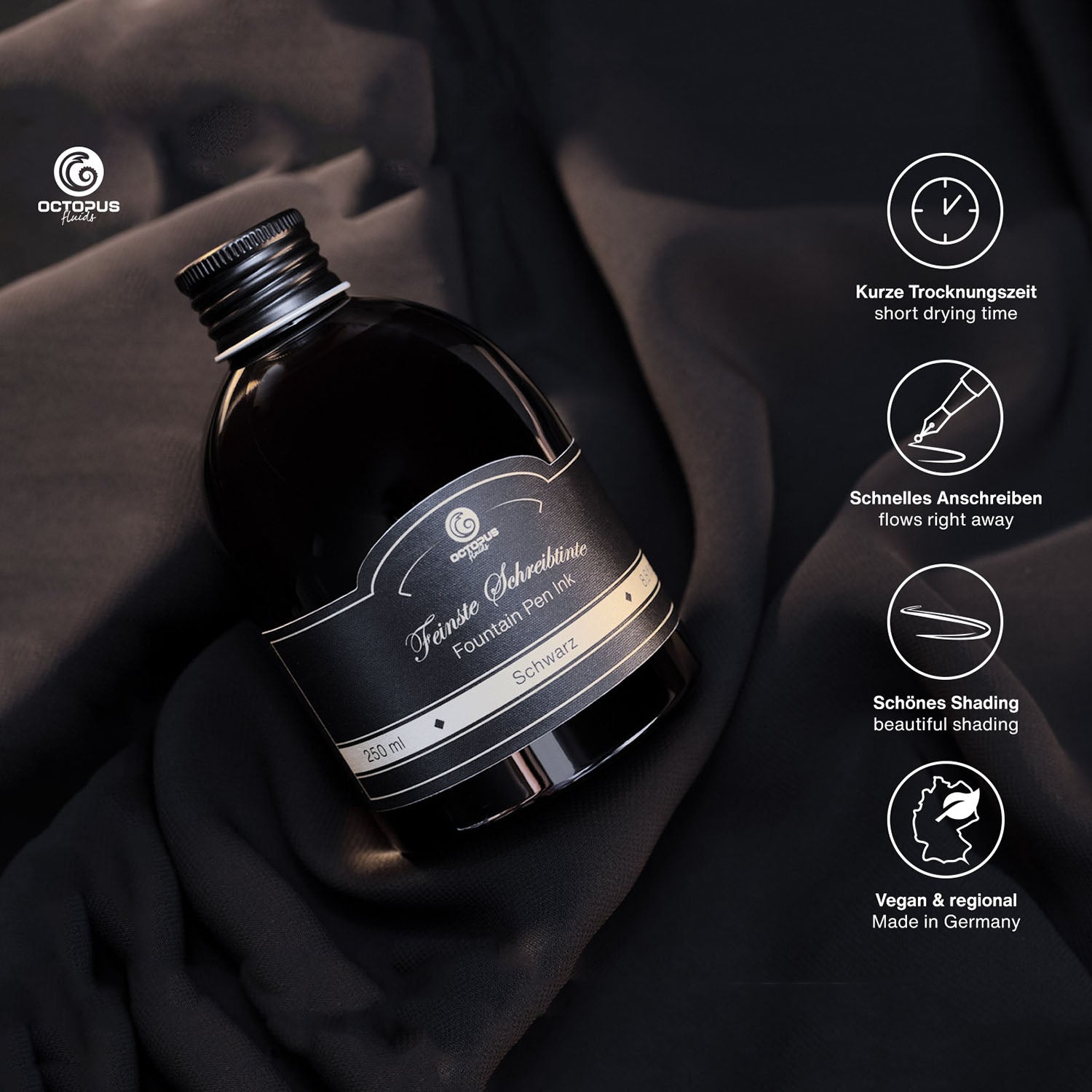 Octopus Fluids Fountain Pen Ink - 250 ml Bottle - Schwarz Black - Made in Germany details