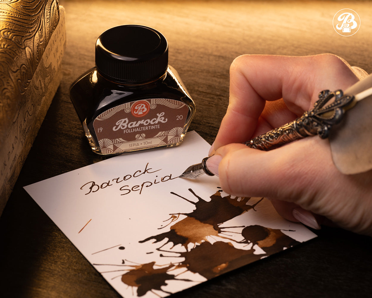 Octopus Fluids Barock 1920 Fountain Pen Ink - 30 ml Bottle - Sepia lifestyle