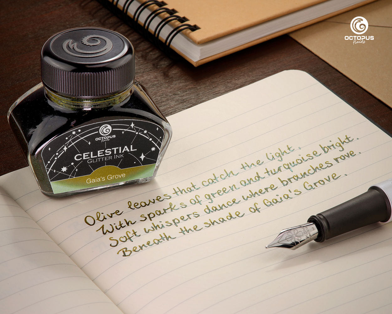 Octopus Fluids Celestial Glitter Shimmer Fountain Pen Ink - Gaia's Grove - Green With Green Shimmer - Made in Germany writing sample