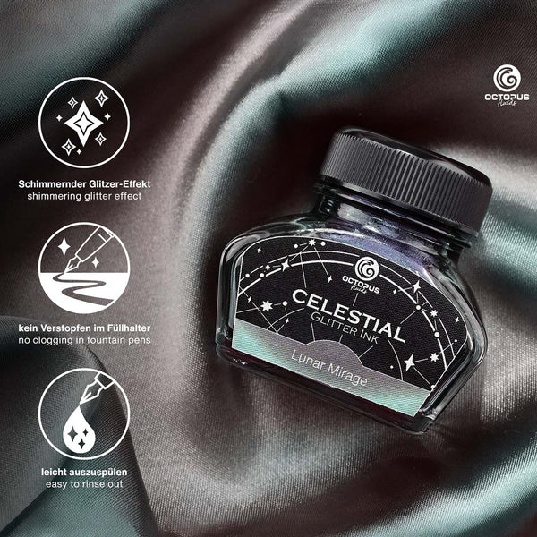 Octopus Fluids Celestial Glitter Shimmer Fountain Pen Ink - Lunar Mirage - Grey with Green Shimmer - Made in Germany details