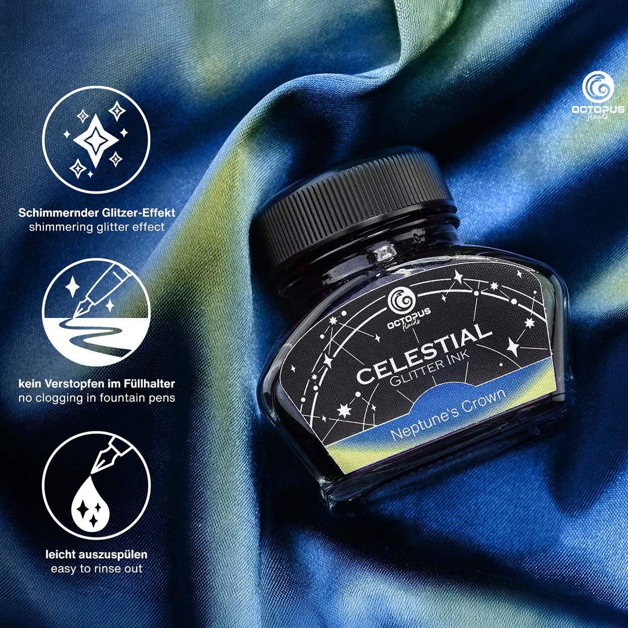 Octopus Fluids Celestial Glitter Shimmer Fountain Pen Ink - Neptune’s Crown - Blue With Gold Shimmer - Made in Germany 30 ml details