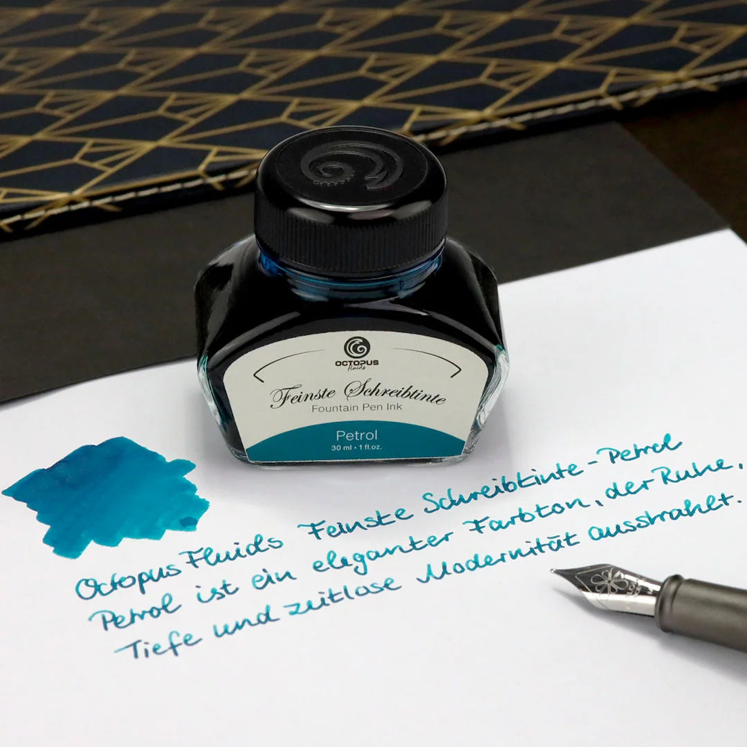 Octopus Fluids Fountain Pen Ink - 30 ml Bottle - Petrol Blue - Made in Germany writing sample