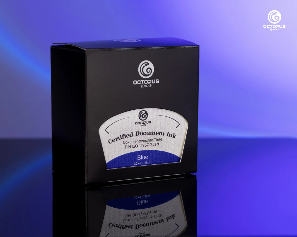 Octopus Ink Certified Document Ink Blue ink in a black box with a white and blue label, set against a blue and purple gradient background with a reflection below. Octopus Fluids Fountain Pen Document Ink - 30 ml Bottle - Dark Blue -  Made in Germany