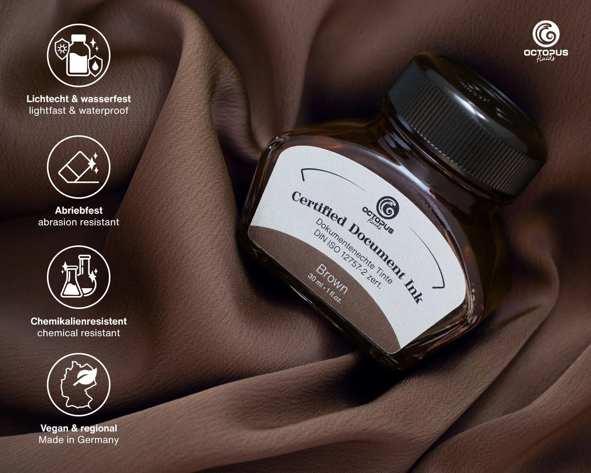 Brown ink bottle with Octopus Ink branding on a brown fabric background