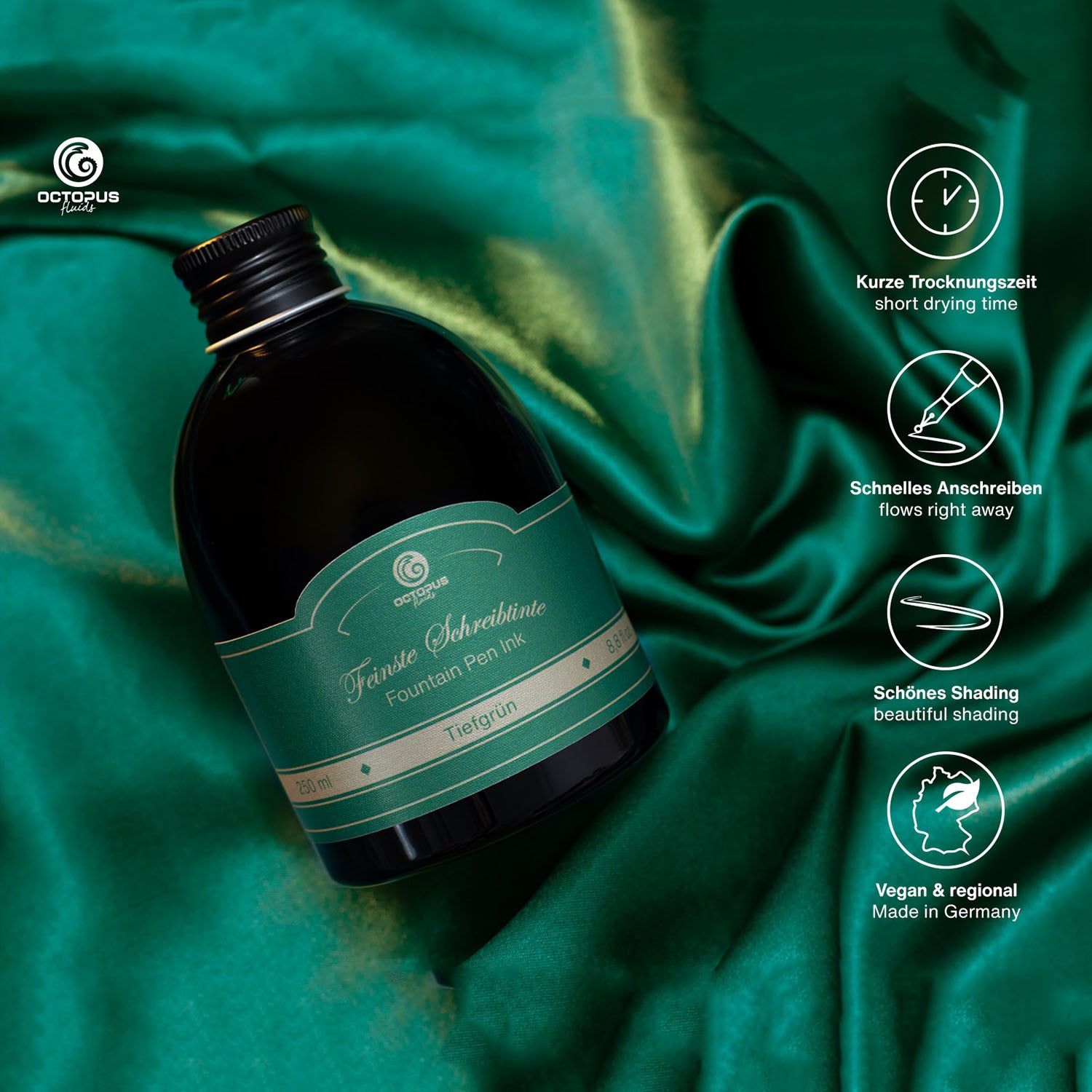 Octopus Fluids Fountain Pen Ink - 250 ml Bottle - Tiefgrün Deep Green - Made in Germany Details