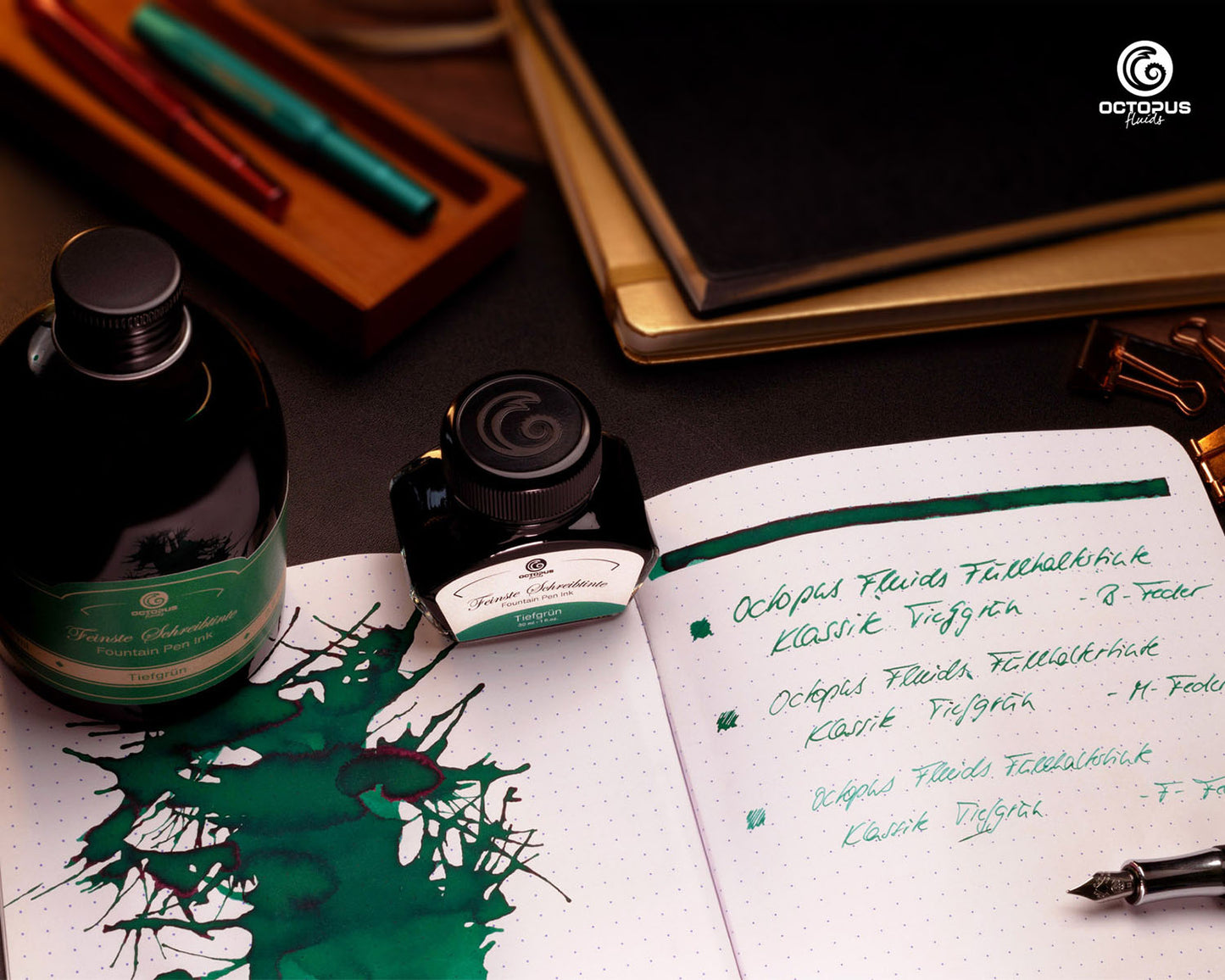 Octopus Fluids Fountain Pen Ink - 30 ml Bottle - Tiefgrün Deep Green - Made in Germany sample