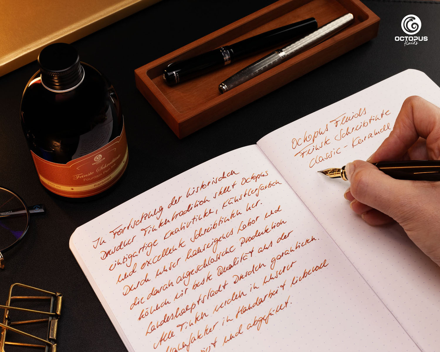 Octopus Fluids Fountain Pen Ink - 250 ml Bottle - Karamell Brown - Made in Germany writing sample