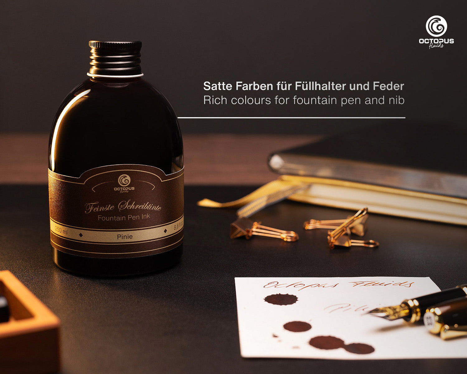Octopus Fluids Fountain Pen Ink - 250 ml Bottle - Pinie Pine Brown - Made in Germany nib