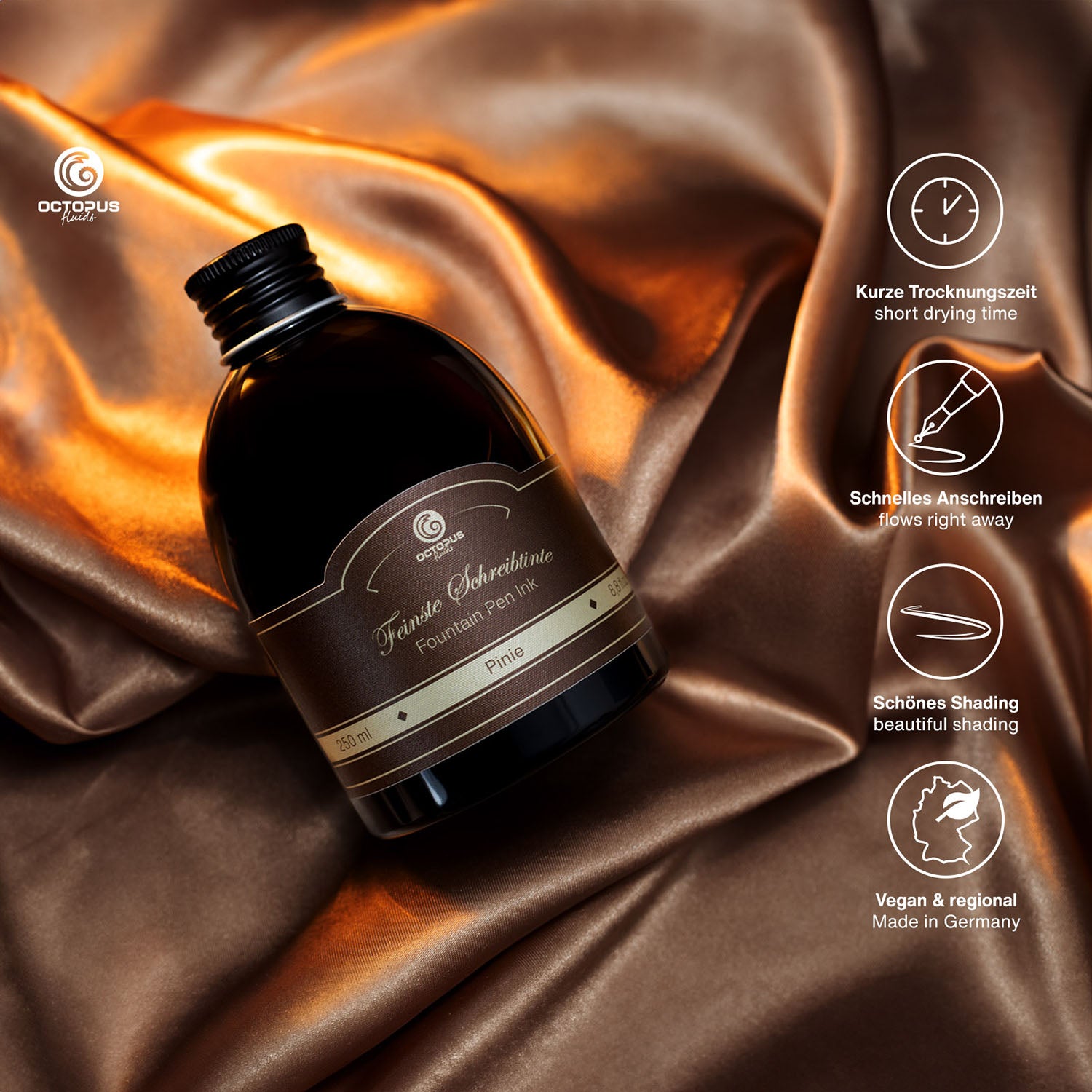 Octopus Fluids Fountain Pen Ink - 250 ml Bottle - Pinie Pine Brown - Made in Germany detail