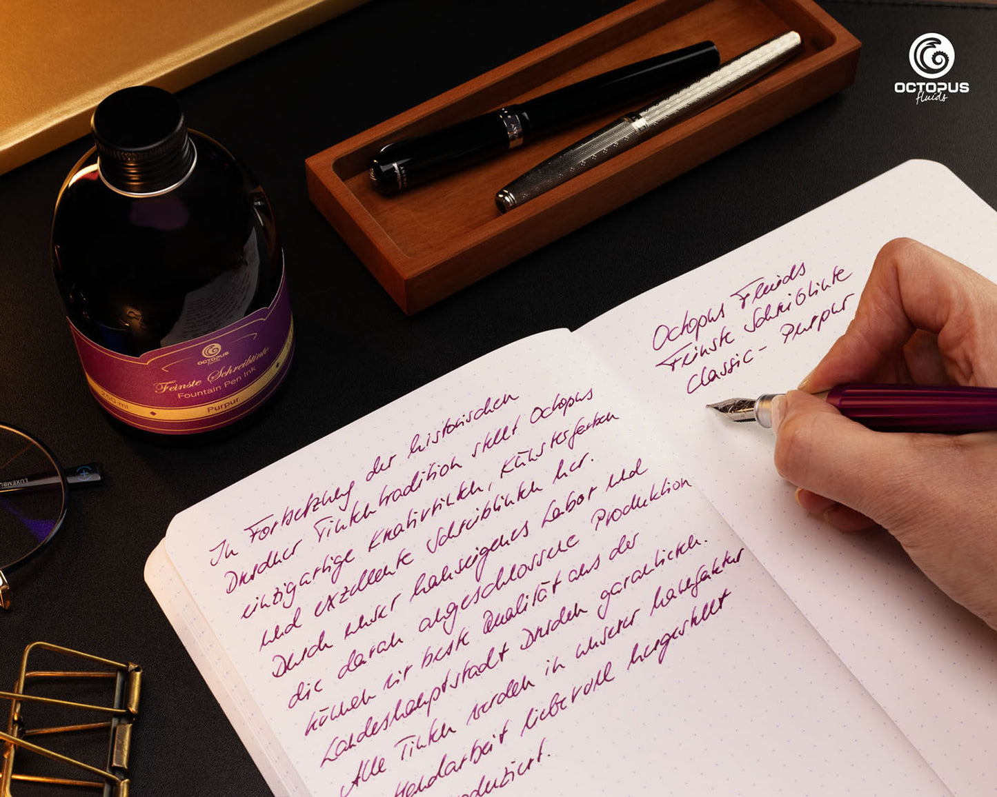 Octopus Fluids Fountain Pen Ink - 250 ml Bottle - Purpur Purple - Made in Germany writing sample