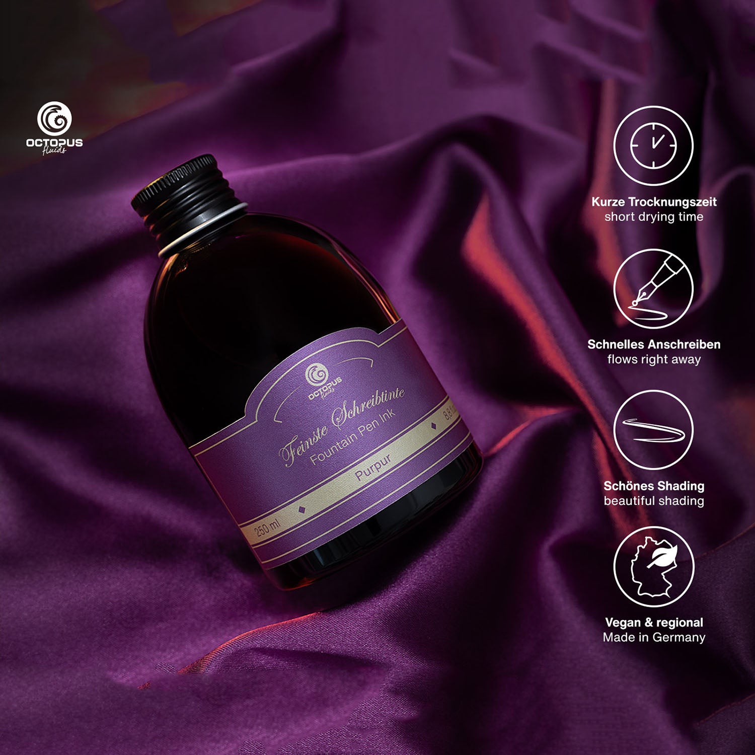 Octopus Fluids Fountain Pen Ink - 250 ml Bottle - Purpur Purple - Made in Germany detail
