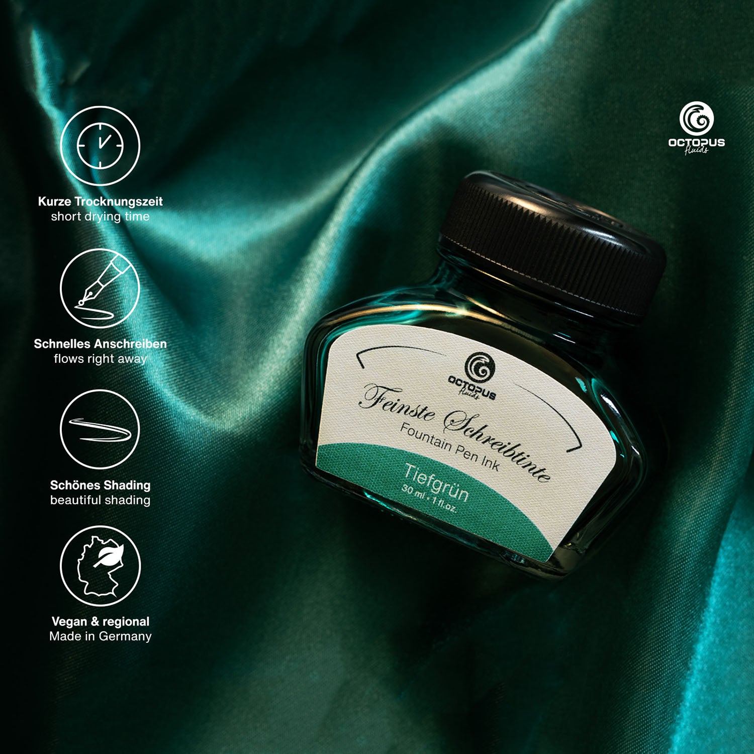 Octopus Fluids Fountain Pen Ink - 30 ml Bottle - Tiefgrün Deep Green - Made in Germany detail