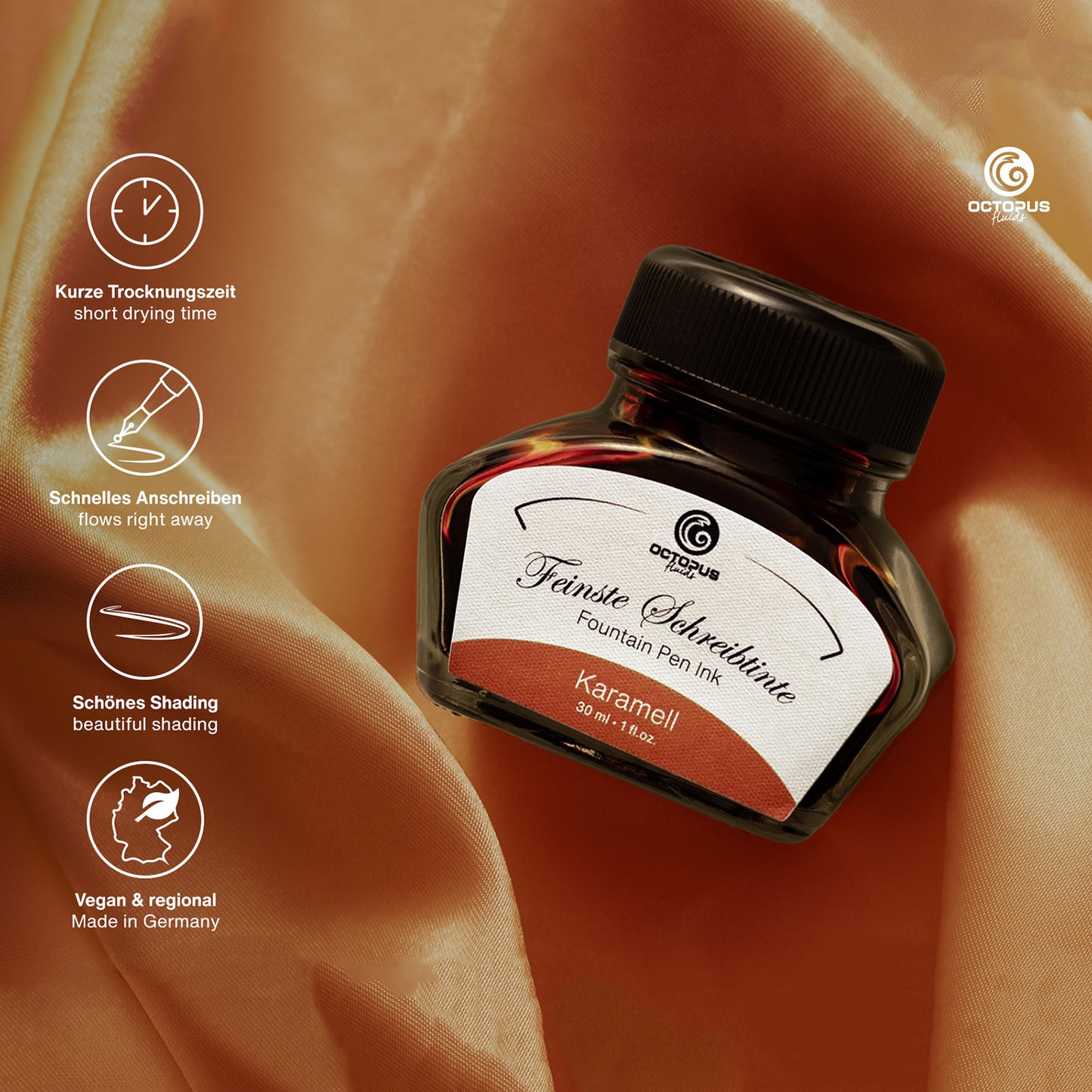 Octopus Fluids Fountain Pen Ink - 30 ml Bottle - Karamell Brown - Made in Germany detail