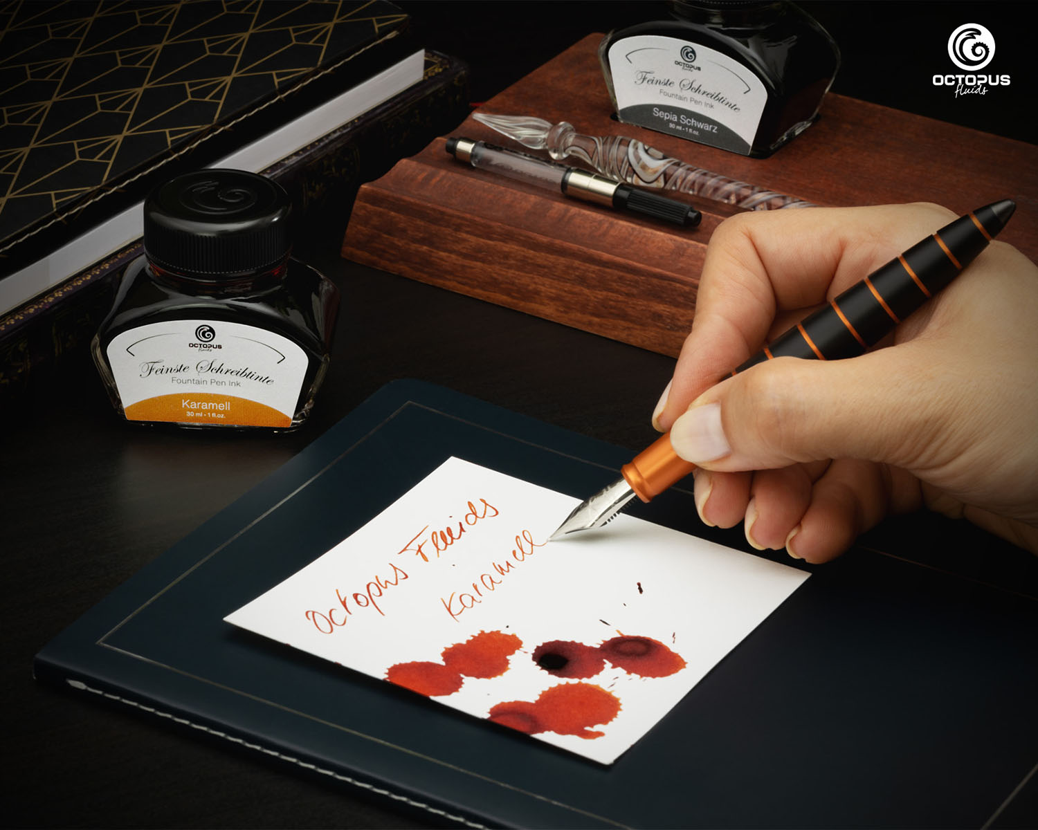 Octopus Fluids Fountain Pen Ink - 30 ml Bottle - Karamell Brown - Made in Germany writing
