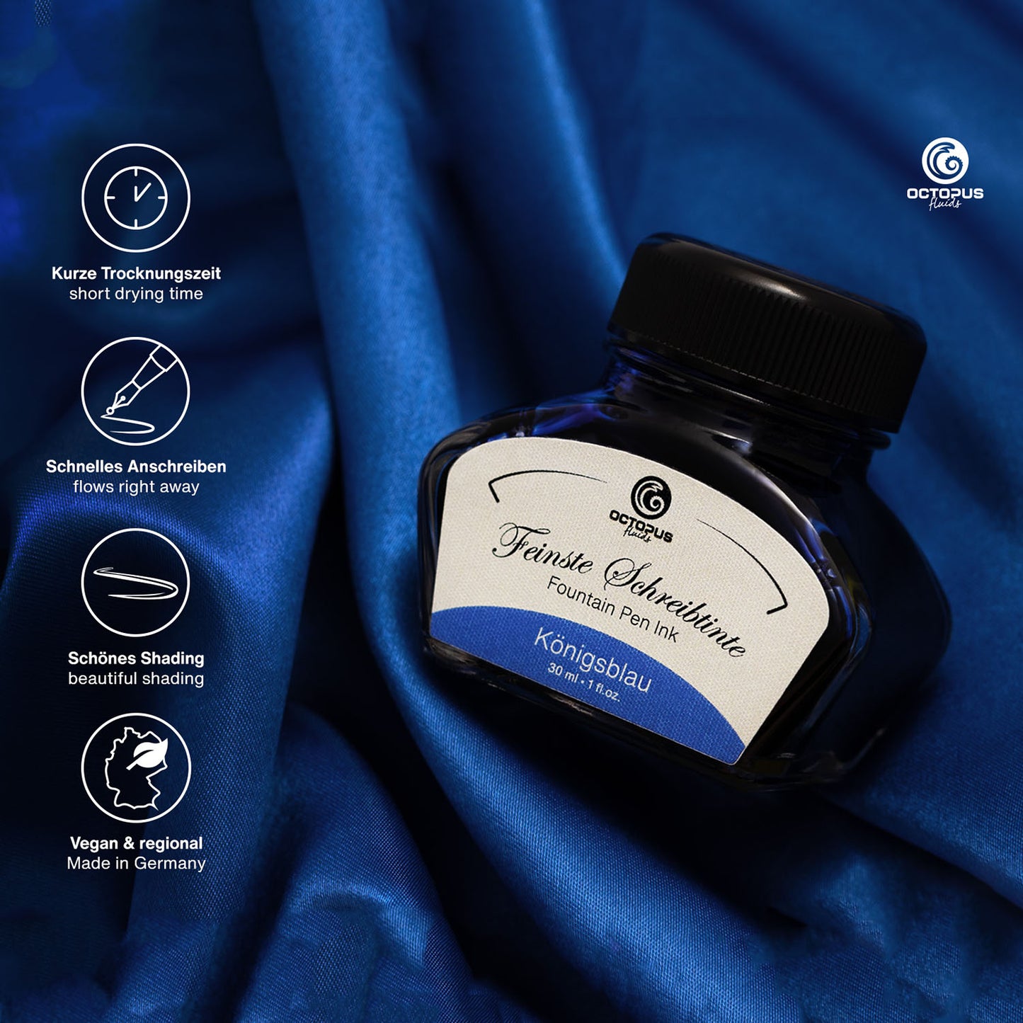 Octopus Fluids Fountain Pen Ink - 30 ml Bottle - Königsblau Royal Blue Erasable - Made in Germany detail
