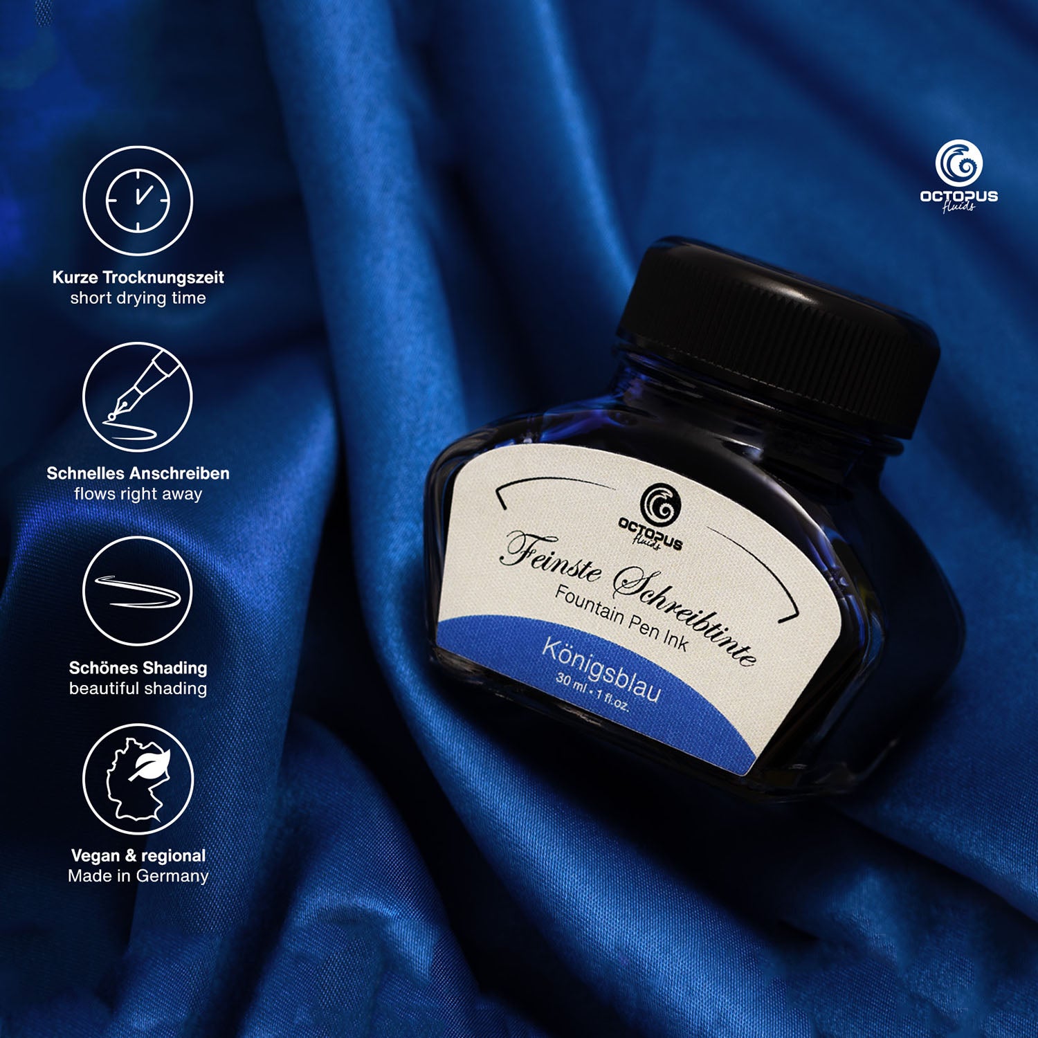 Octopus Fluids Fountain Pen Ink - 30 ml Bottle - Königsblau Royal Blue Erasable - Made in Germany detail