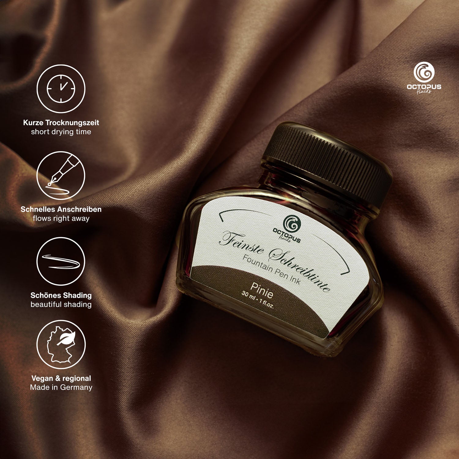Octopus Fluids Fountain Pen Ink - 30 ml Bottle - Pinie Pine Brown - Made in Germany detail