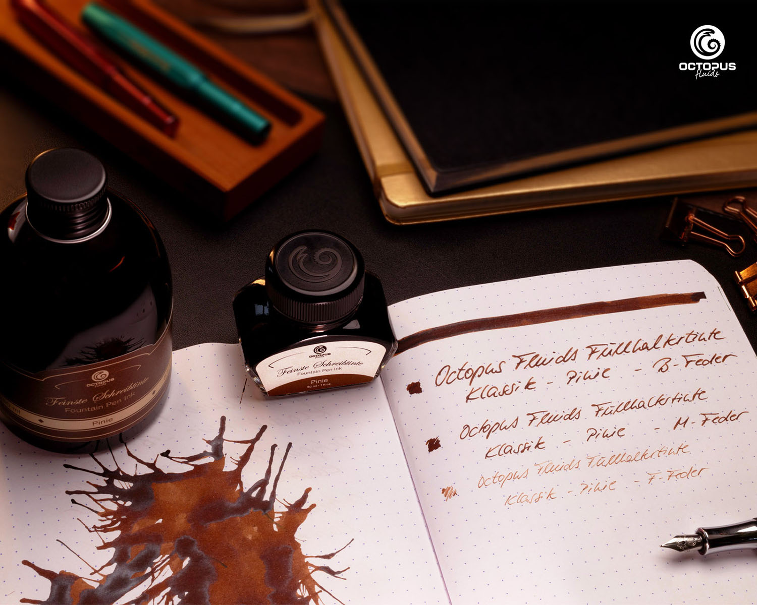 Octopus Fluids Fountain Pen Ink - 250 ml Bottle - Pinie Pine Brown - Made in Germany writing sample