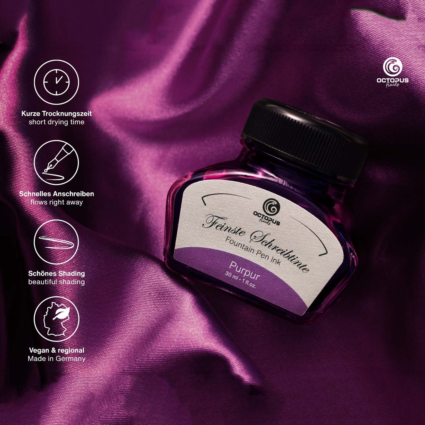 Octopus Fluids Fountain Pen Ink - 30 ml Bottle - Purpur Purple - Made in Germany detail