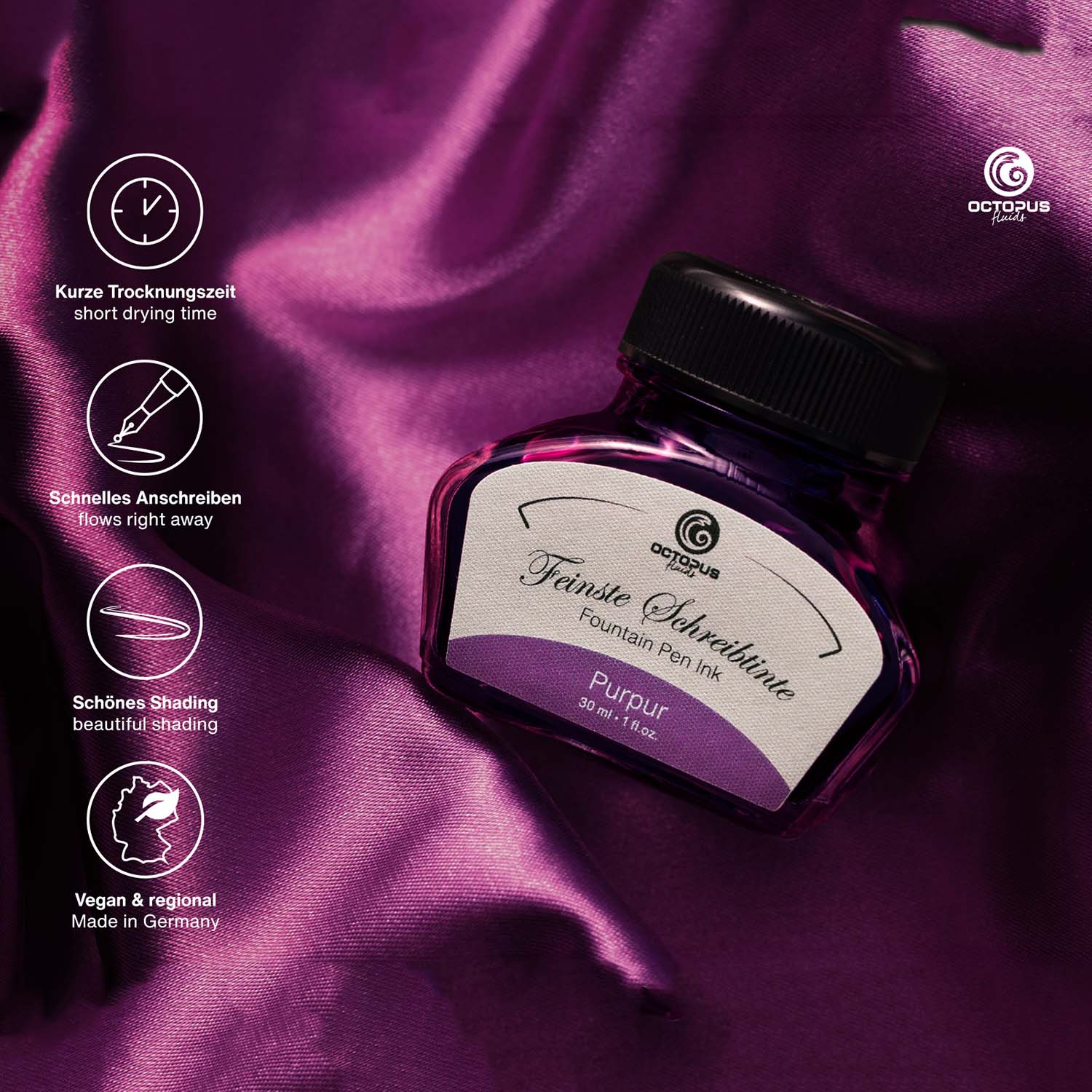 Octopus Fluids Fountain Pen Ink - 30 ml Bottle - Purpur Purple - Made in Germany detail
