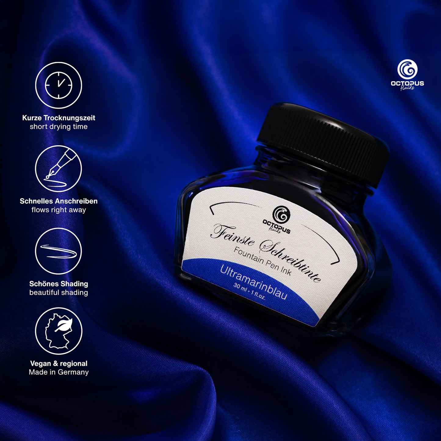 Octopus Fluids Fountain Pen Ink - 30 ml Bottle - Ultramarinblau Ultramarine Blue - Made in Germany detail