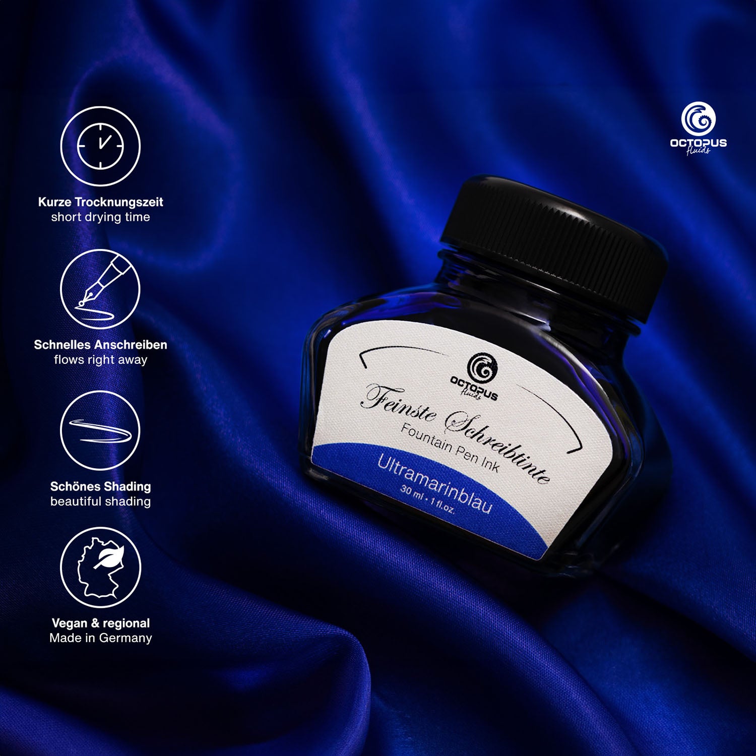 Octopus Fluids Fountain Pen Ink - 30 ml Bottle - Ultramarinblau Ultramarine Blue - Made in Germany detail