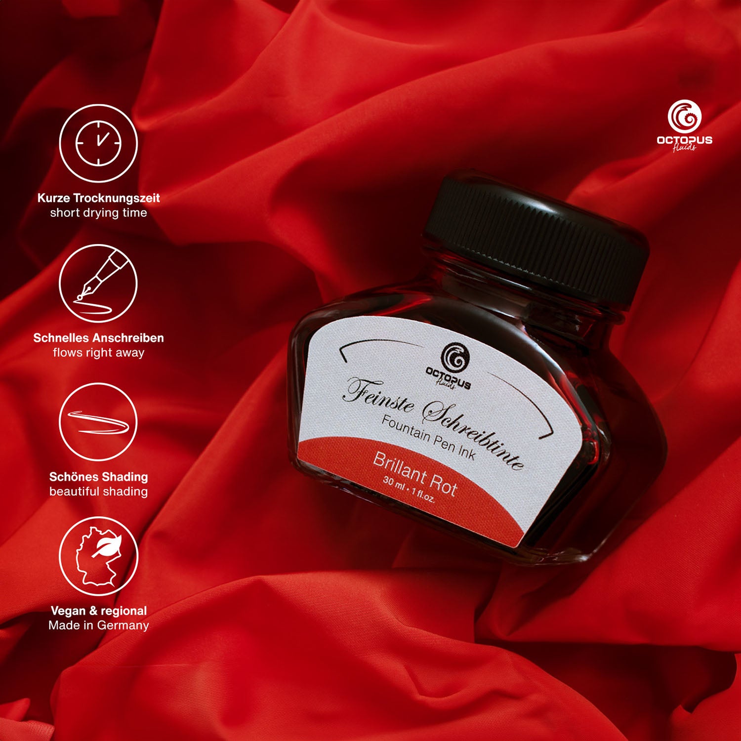 Octopus Fluids Fountain Pen Ink - 30 ml Bottle - Brilliant Rot Red - Made in Germany details