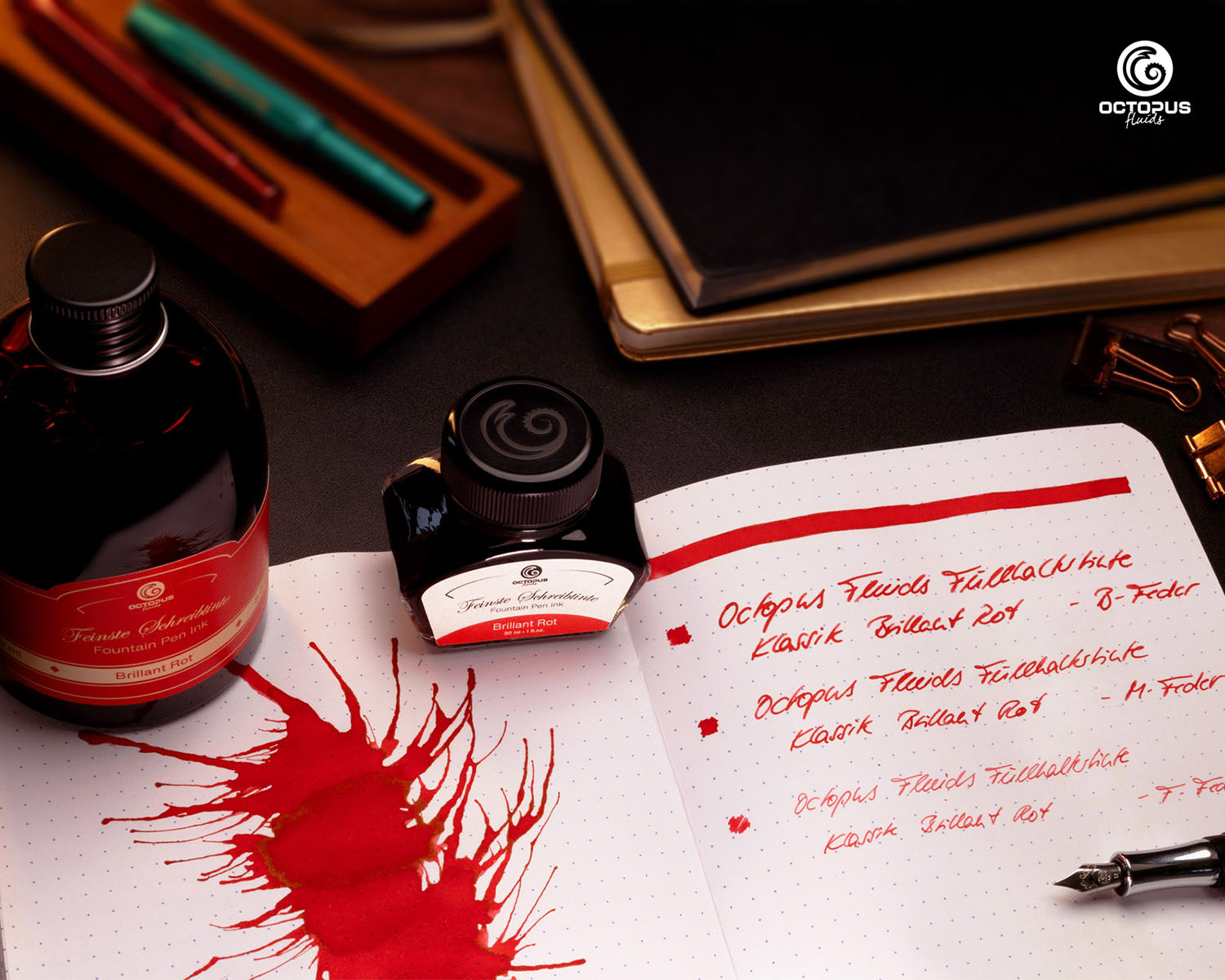 Octopus Fluids Fountain Pen Ink Brilliant Rot Red 30ml Writing Sample