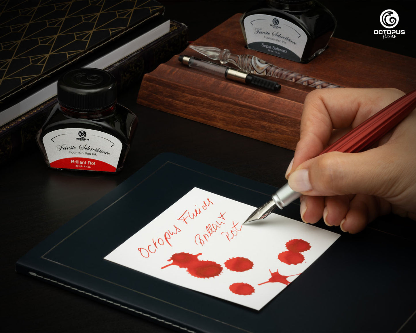 Octopus Fluids Fountain Pen Ink - 30 ml Bottle - Brilliant Rot Red - Made in Germany writing sample