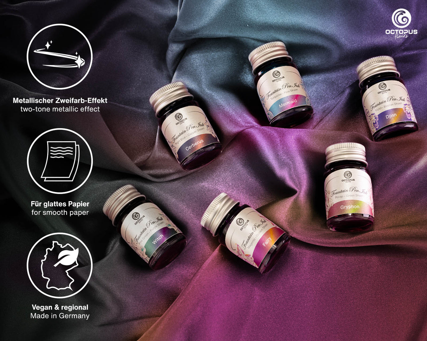 Octopus Fluids Sheening Fountain Pen Ink Sets - 6 x 10 ml Bottles - Set 2 detail