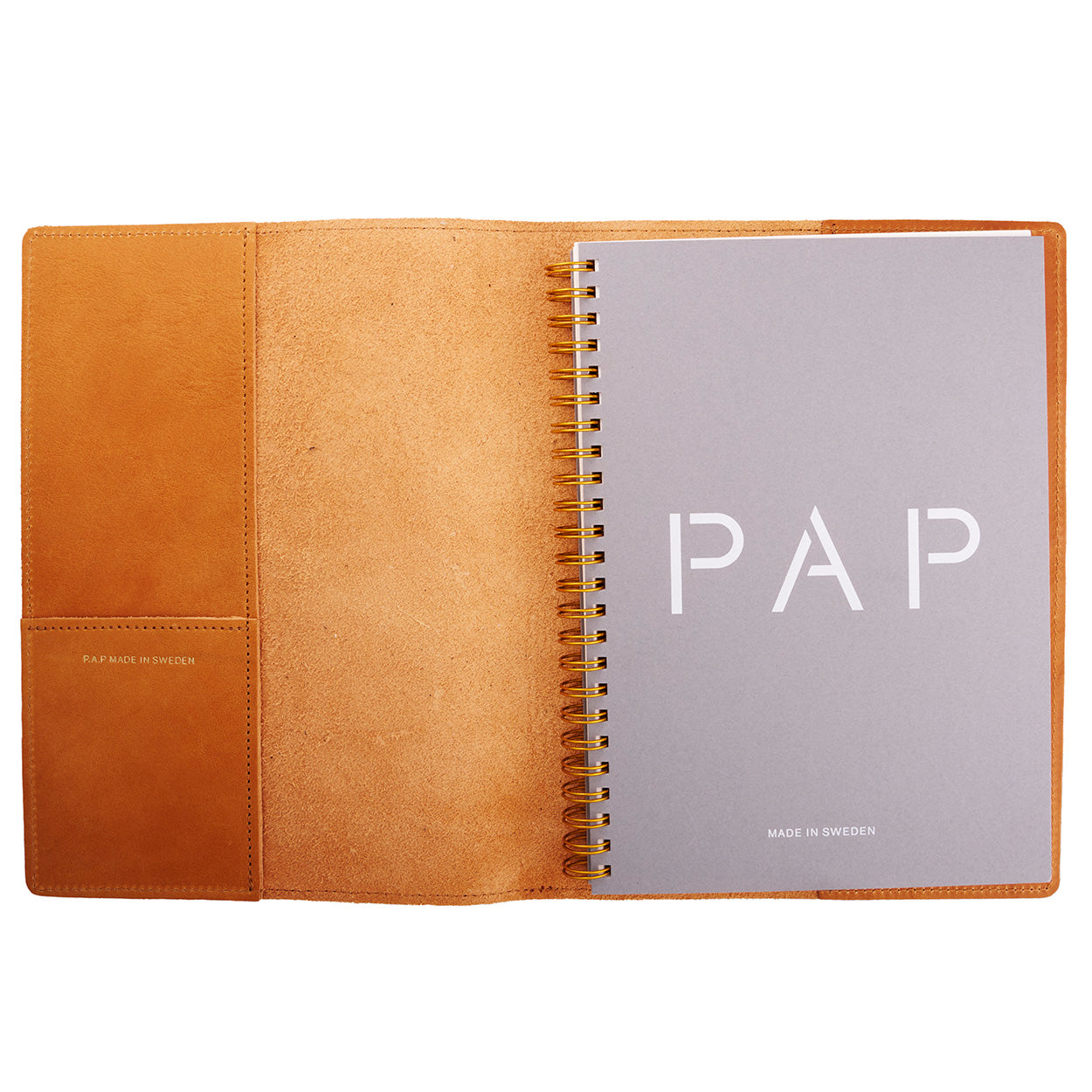 PAP Albin Italian Leather Notebook Cover A5 - Cognac - Made in Sweden Open