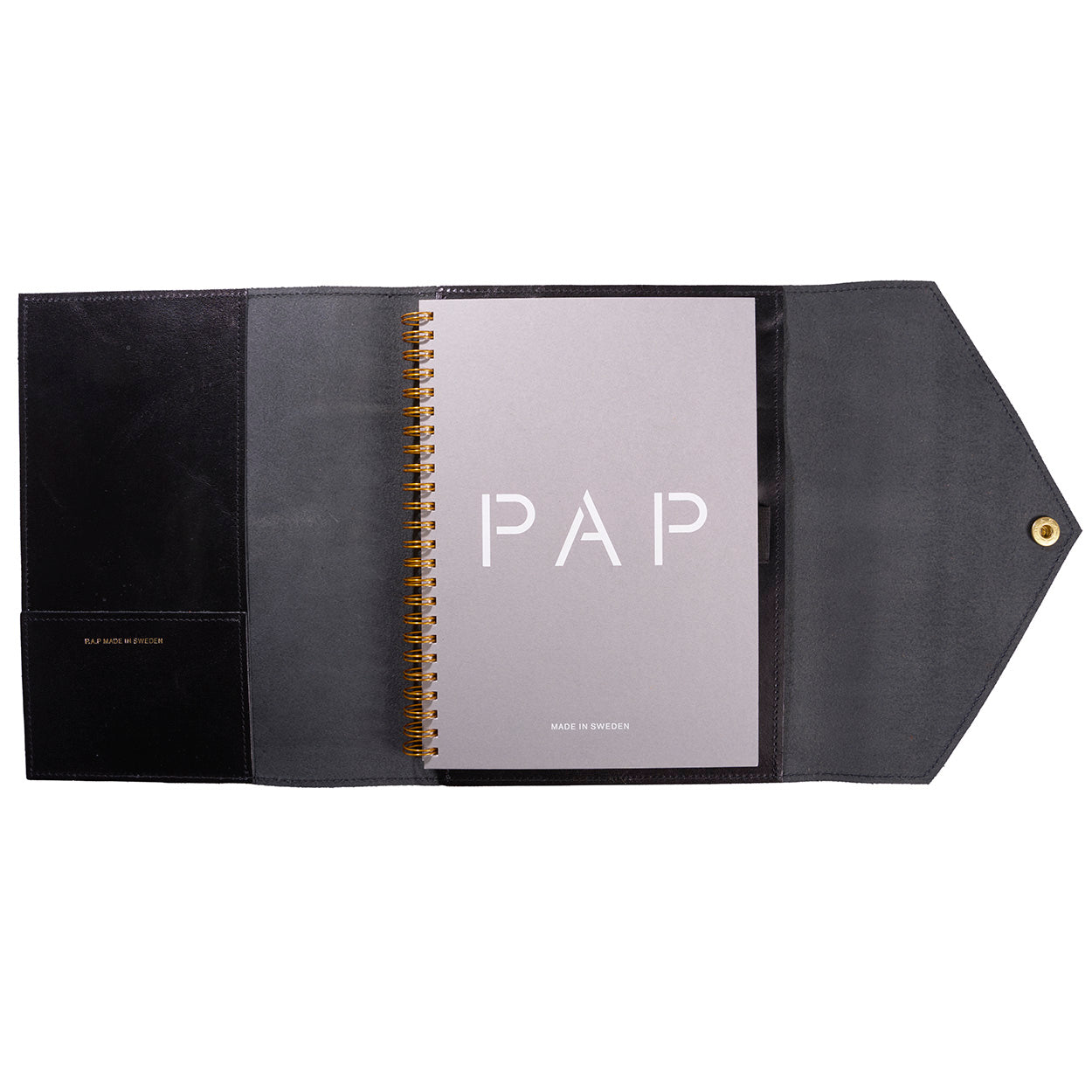 PAP Mia Italian Leather Notebook Cover A5 - Black - Made in Sweden Open