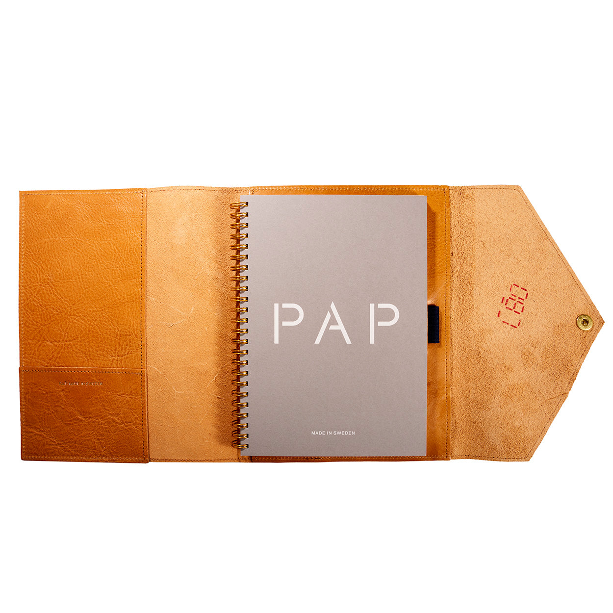 PAP Mia Italian Leather Notebook Cover A5 - Cognac - Made in Sweden Open