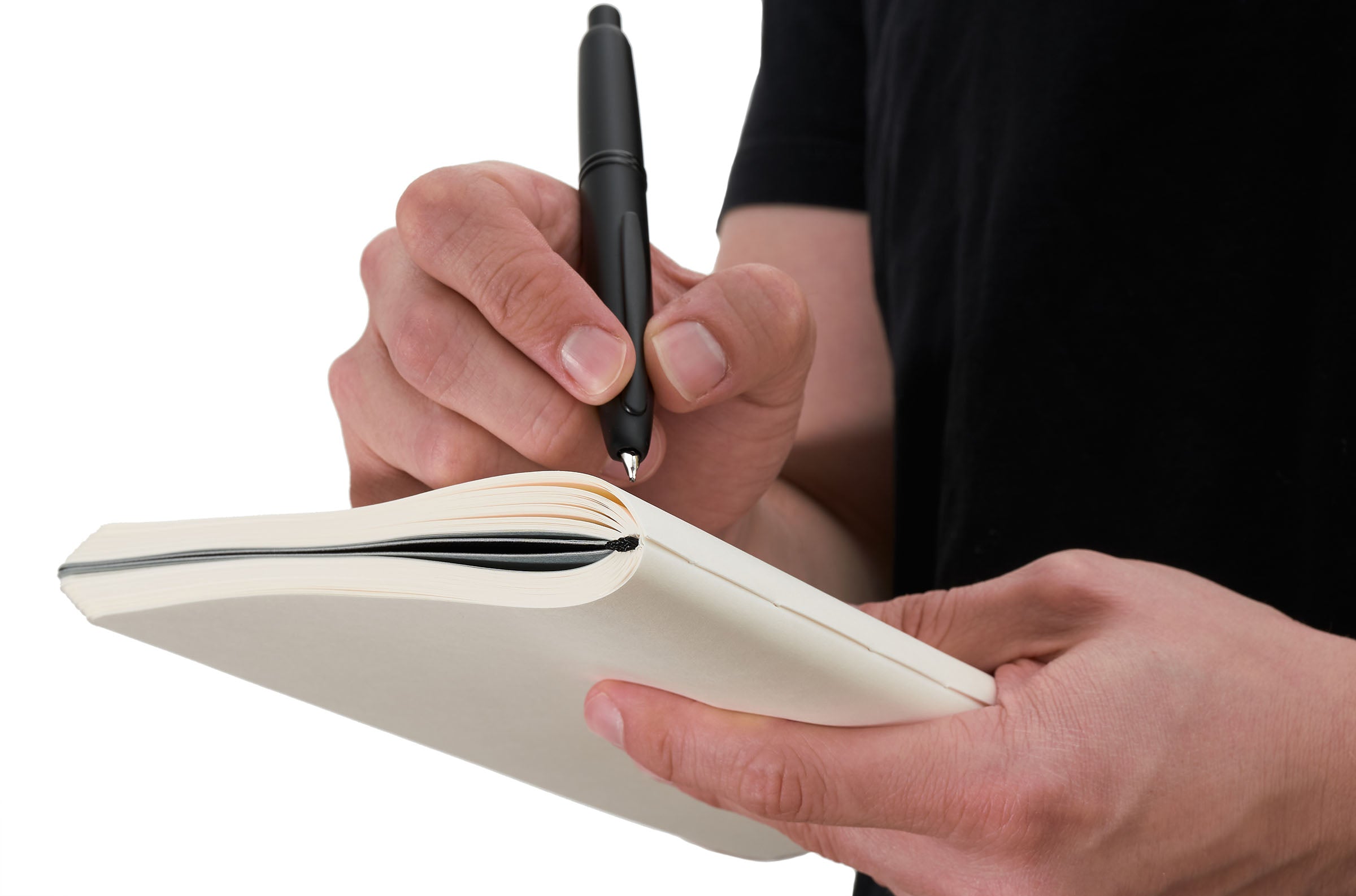 the paper mind Mitsubishi Bank Paper notebook folded 360 degrees being hand in hand with a pilot vanishing point fountain pen in the other hand