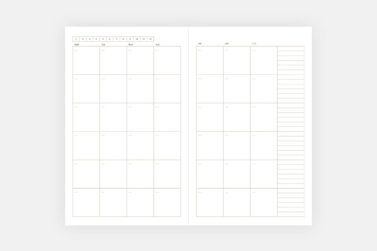 Copper Undated Calendar Light Softcover - Fountain Pen Friendly Planner - Month spread