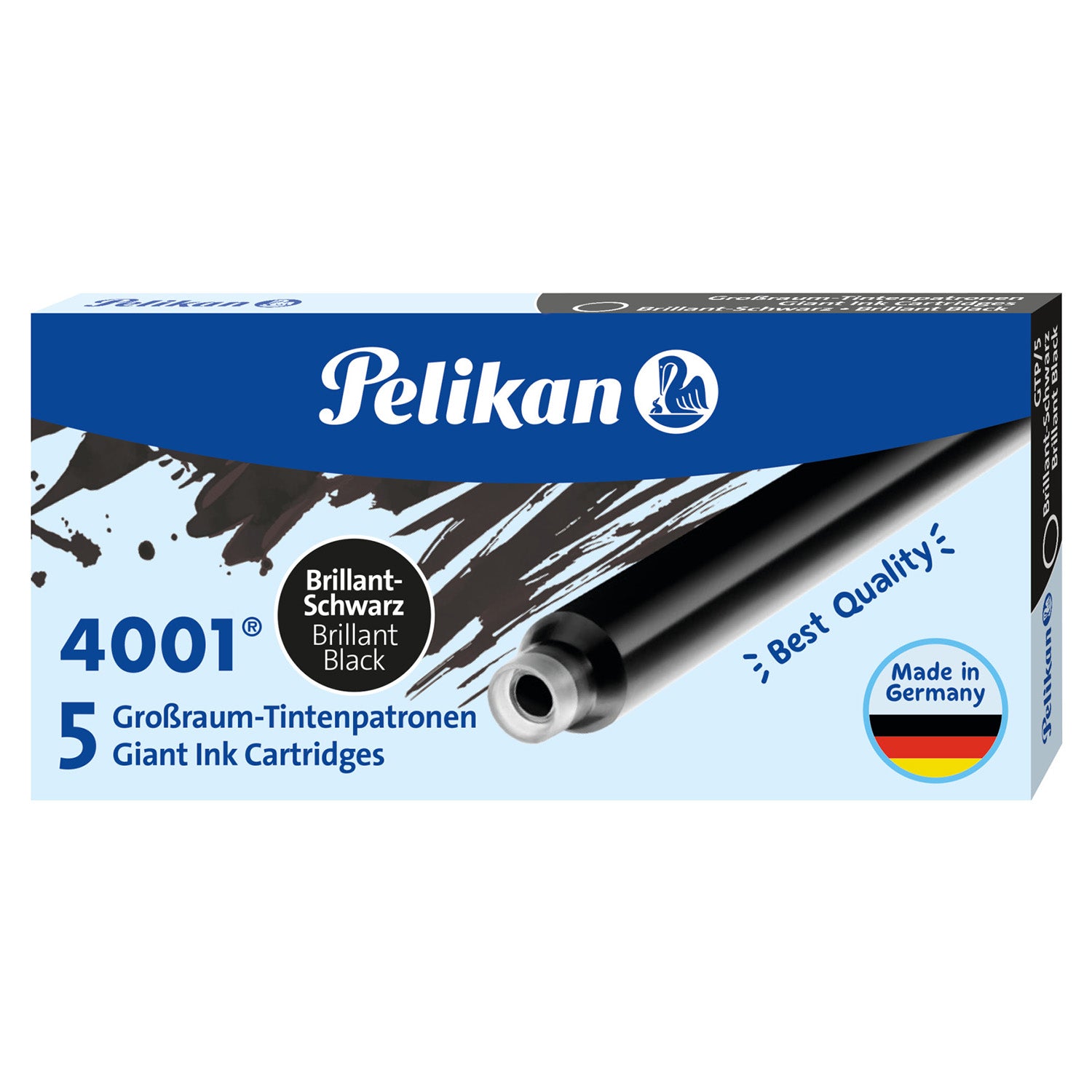 Pelikan 4001 Fountain Pen Ink - 5 Giant Ink Cartridges - Brilliant Black - Made in Germany