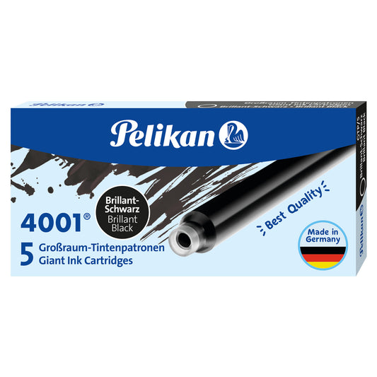Pelikan 4001 Fountain Pen Ink - 5 Giant Ink Cartridges - Brilliant Black - Made in Germany