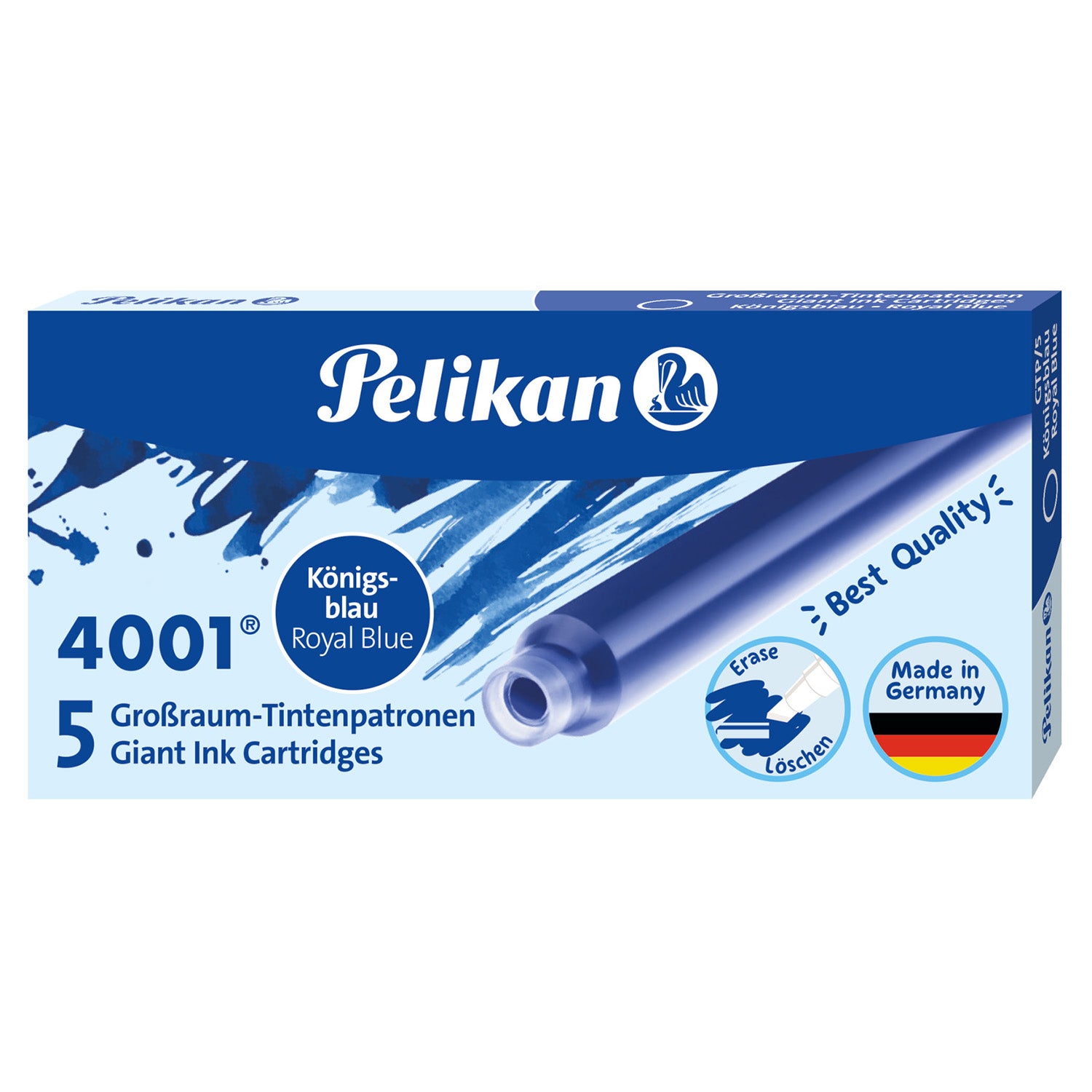 Pelikan 4001 Fountain Pen Ink - 5 Giant Ink Cartridges - Royal Blue Erasable - Made in Germany